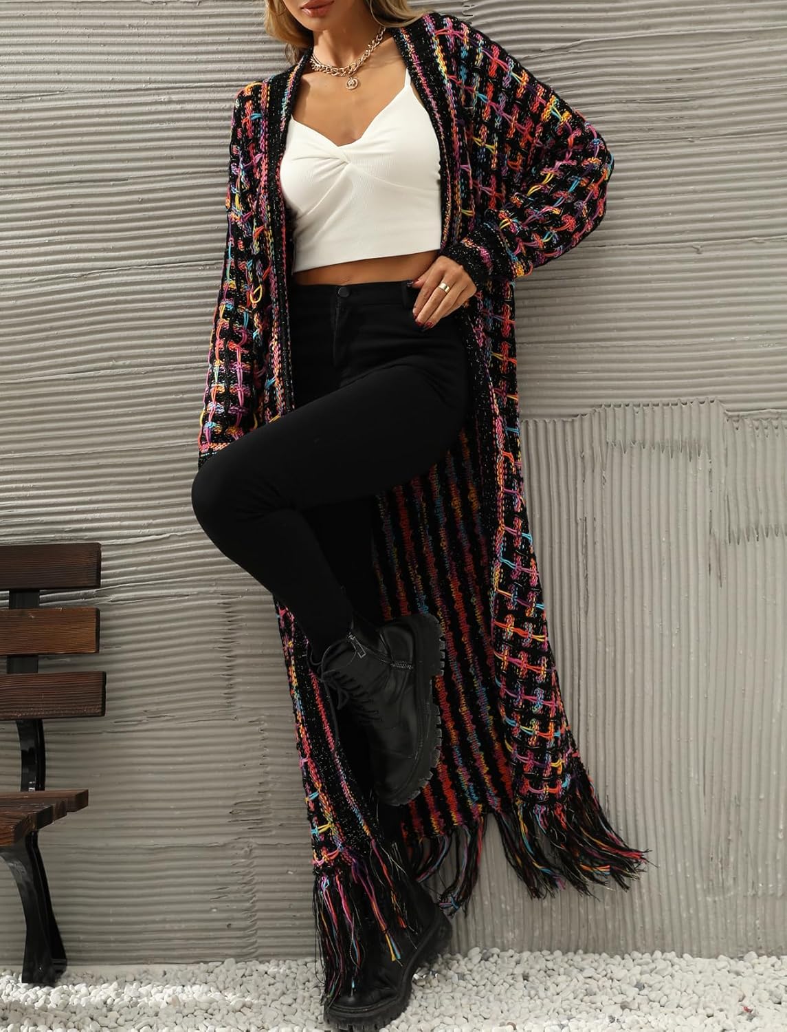 CXINS Women 2025 Long Cardigan Sweater Long Sleeve Open Front Fringe Tassel Hem Colorful Rainbow Knit Maxi Sweaters Coat