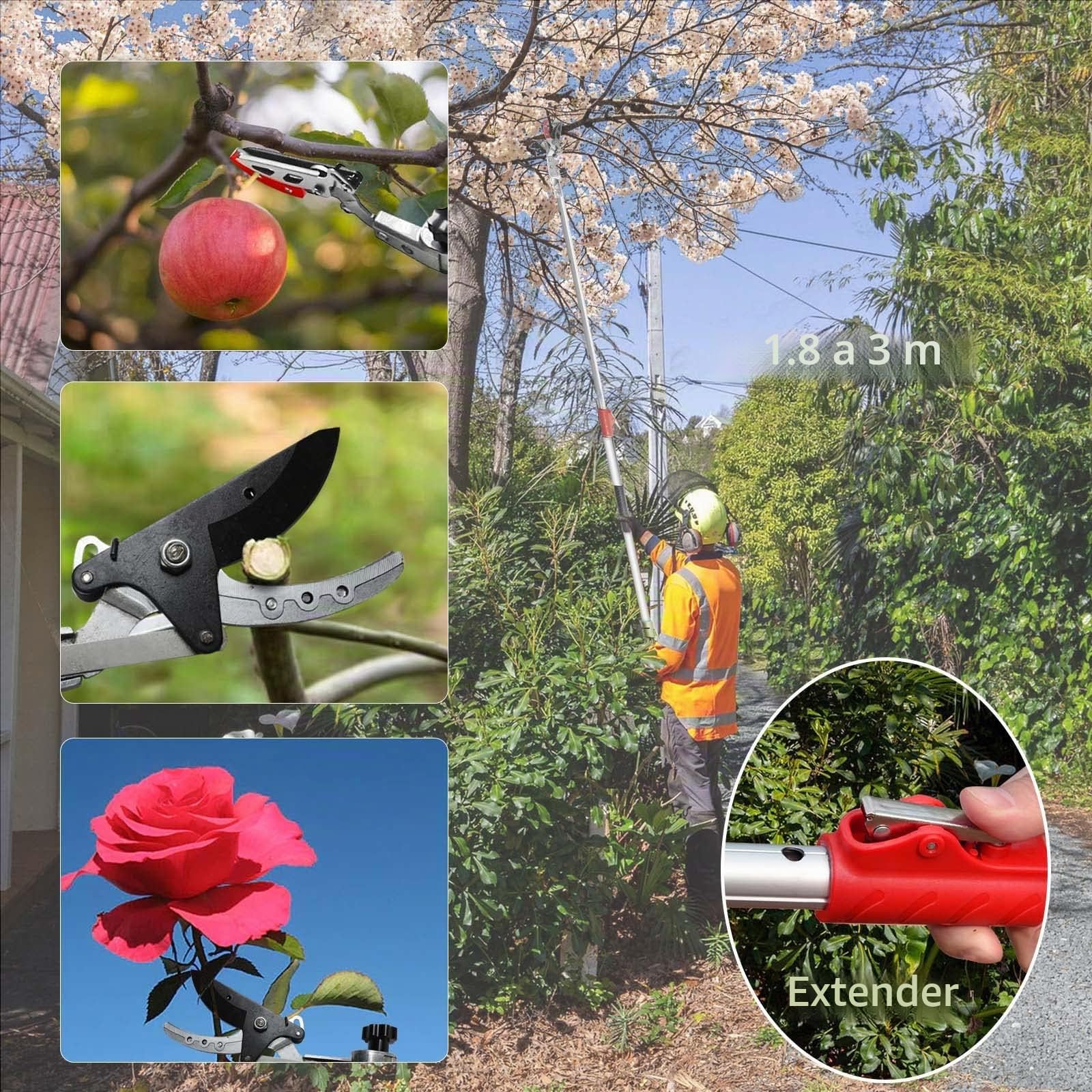 FLORA GUARD Tijeras de podar telescópicas, 110 cm – 166 cm, extensibles, ligeras y resistentes, recogedor de frutas con cabezal de hoja giratoria, mango de aluminio ligero y extensible para podadora