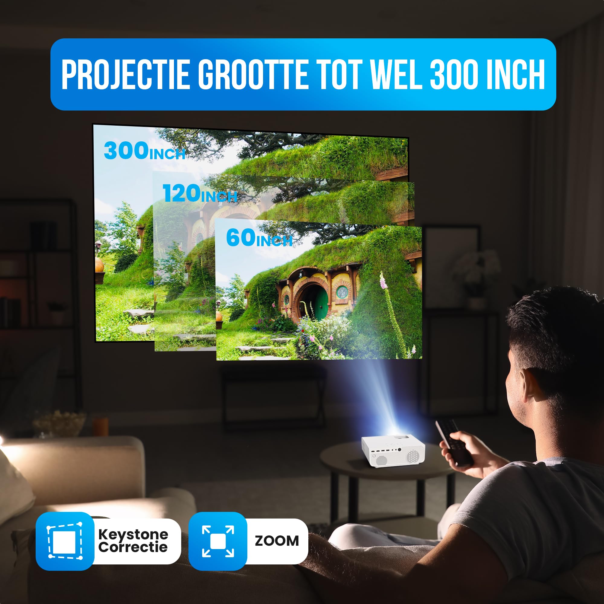 Strex Proiettore - 1080P Full HD - 15000 Lumen - Streaming Wireless - Include Borsa/Schermo di proiezione - WiFi - Bluetooth - Mini proiettore - Proiettore