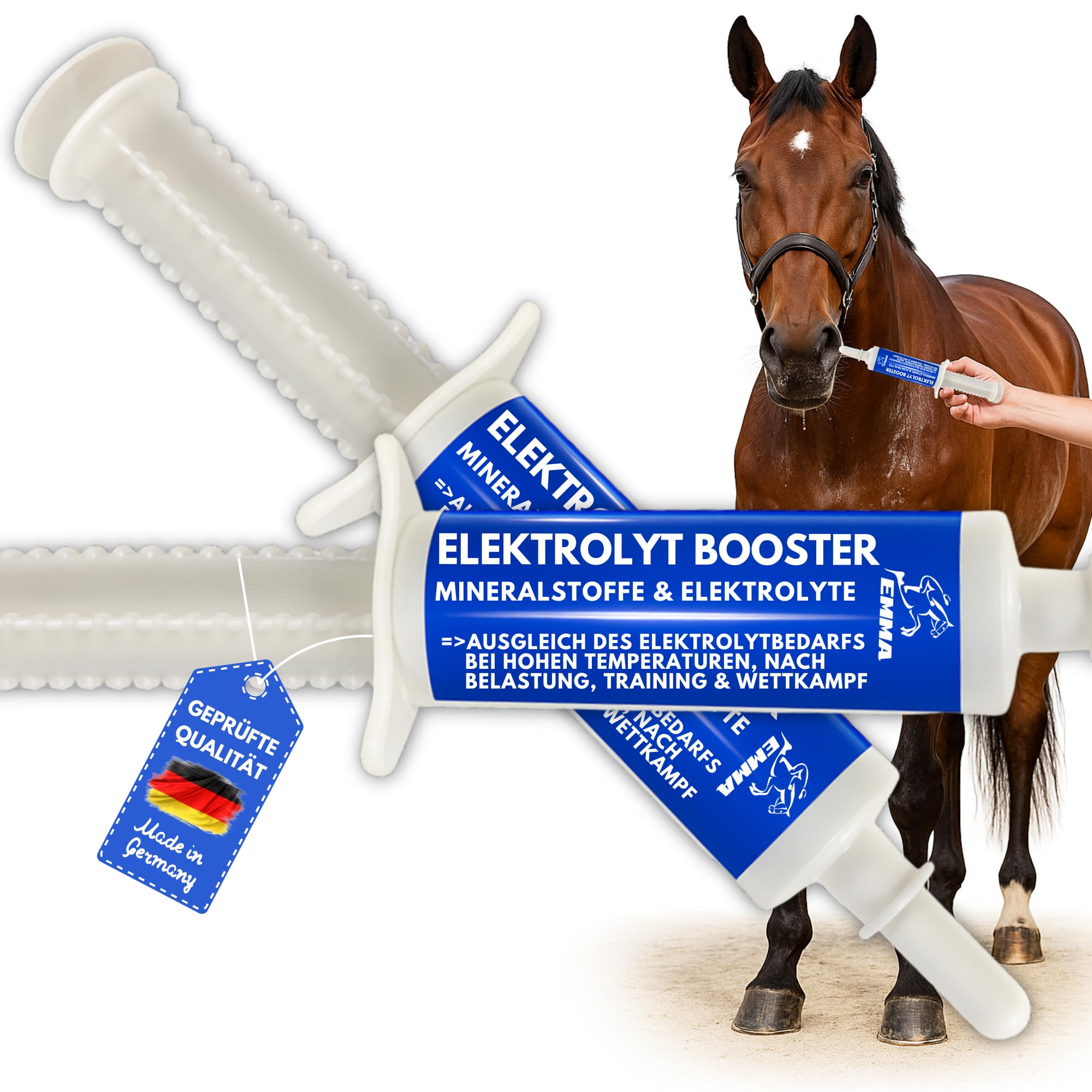 EMMA Pasta de electrolitos para caballos, 2 × 30 ml, potenciador de electrolitos con complejo de vitamina B, magnesio, potasio, sodio y calcio, para sudoración, diarrea, agua fecal, deportes y