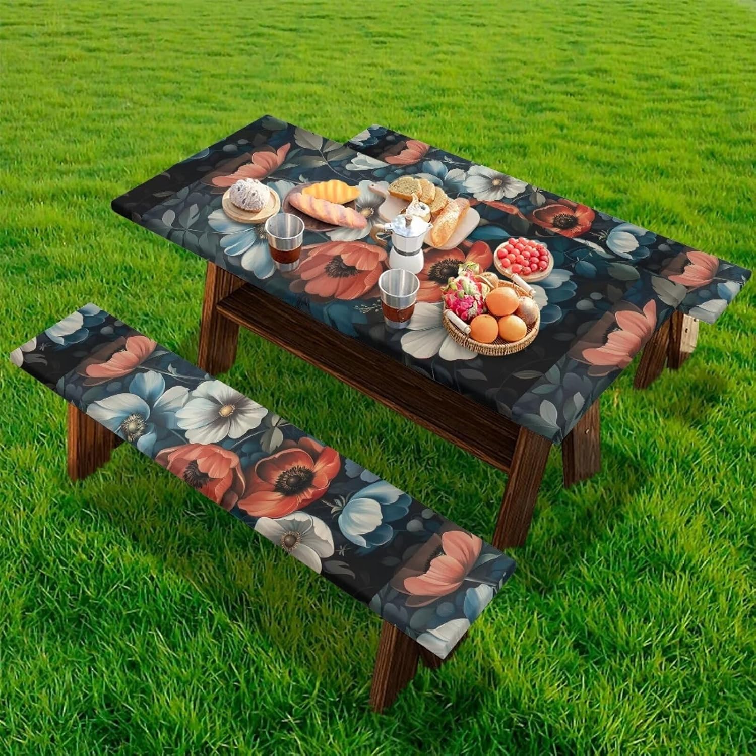Flashideas Flower Print Picnic Table Cover with Bench Covers Set for Outdoor and Camping Camping Essentials Accessories with Elastic RV Camping Accessories and Camper Must Haves 94in