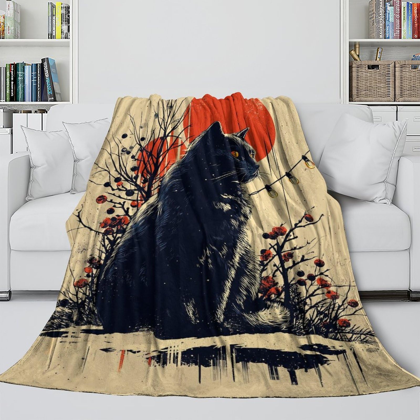 Schwarze Katze mit rotem Sonnenuntergang – Kuscheldecke, luxuriöse Plüschdecke, personalisierbar, für Schlafzimmer und Büro, kuscheliges Geschenk für Oma, 127 x 152 cm (50 x 60 Zoll)