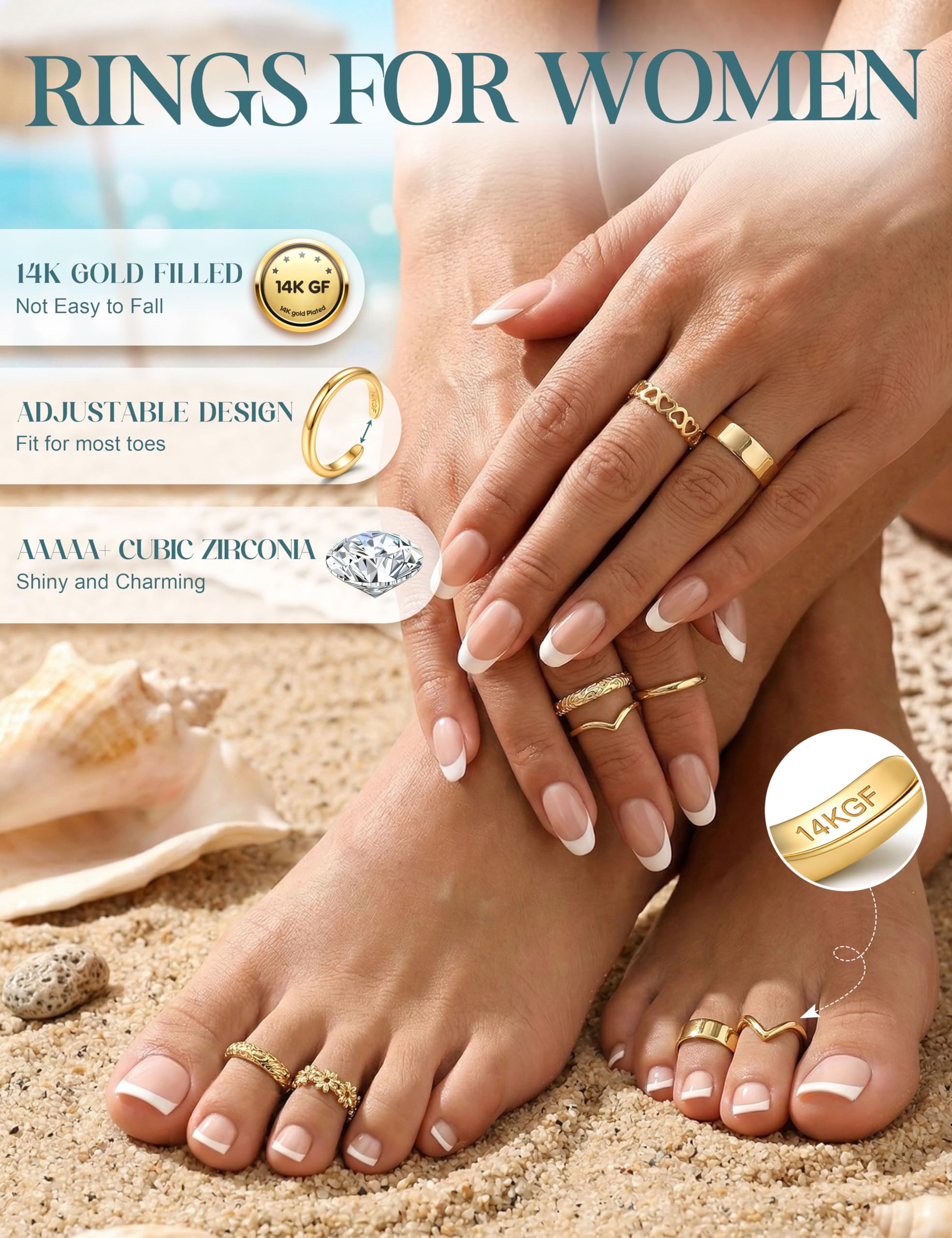 ADRAMARA 6PCS Bagues d’Orteil Femme, Bague de Pied Plaqué Or 14K, Bagues Ouvertes Ajustables avec Zircone CZ, Bijoux de Pied Non Ternissant pour Été Plage Argent/Or
