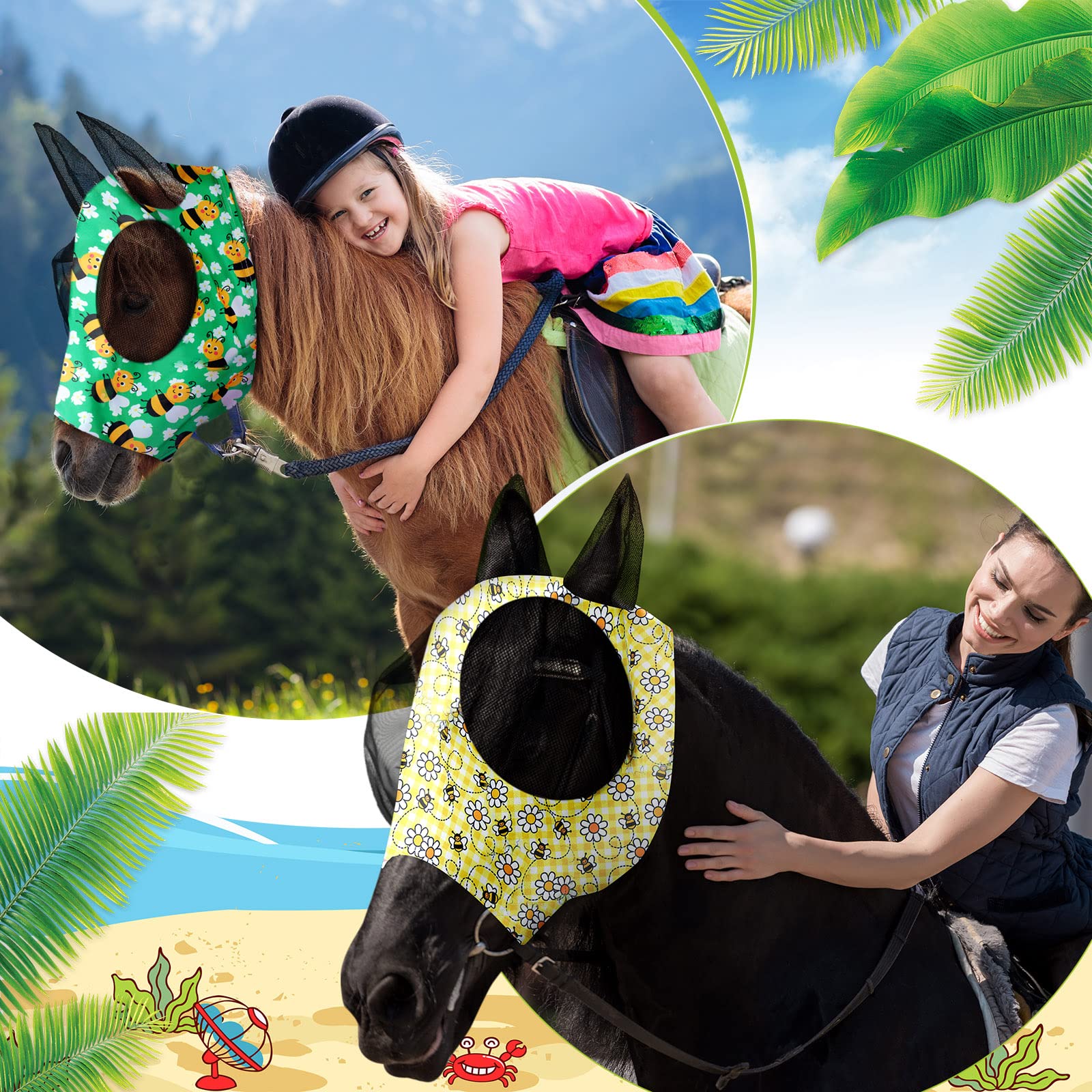 Qualirey Fliegenmaske für Pferde, bequem, elastisch, mit Ohrennetz, UV-Schutz, atmungsaktiv, Gesichtsbedeckung für Pony und Fohlen, 12 Stück (groß, Blumenmuster)