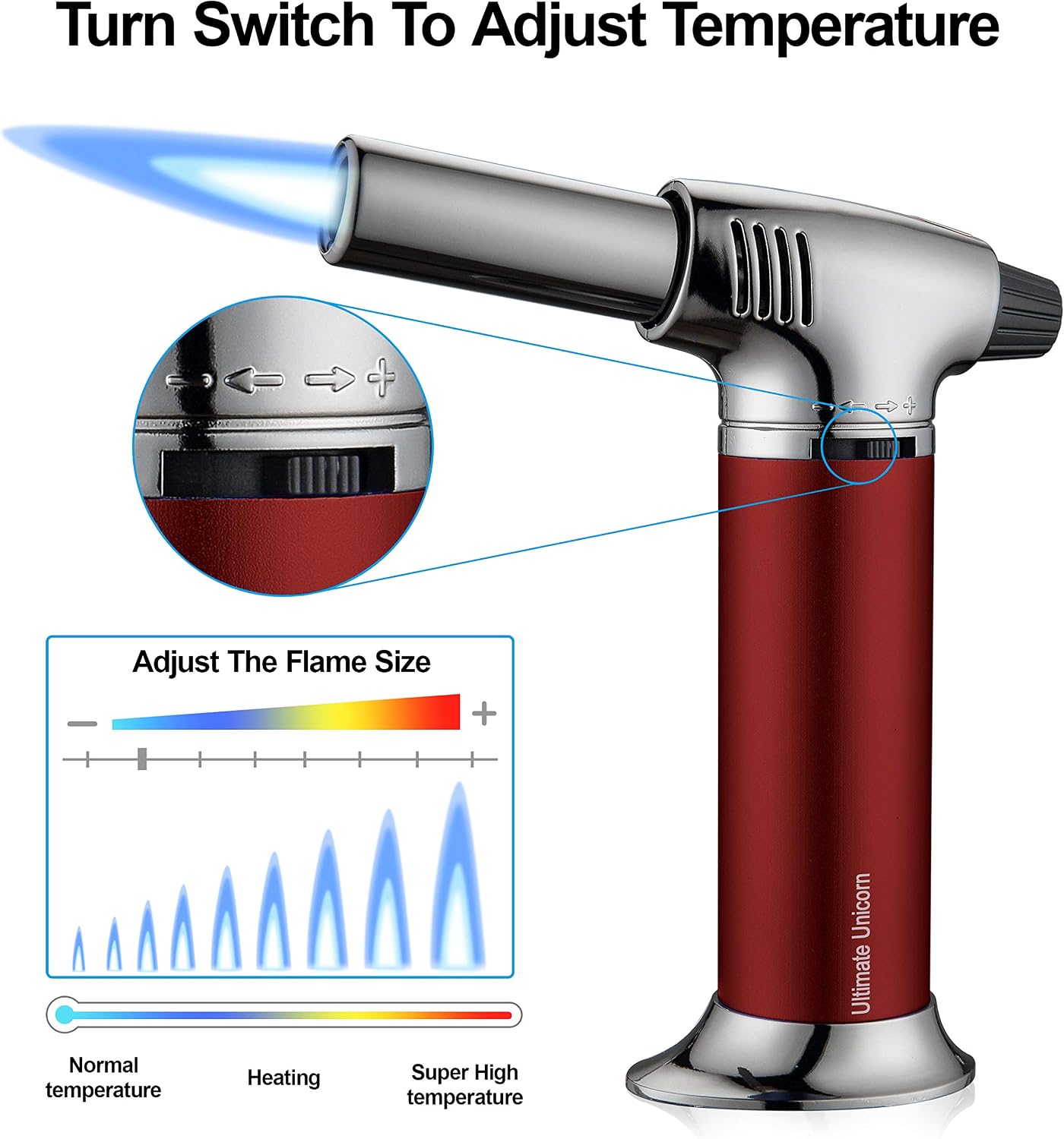 Butane Cooking Torch Lighter Refillable Metal Kitchen Culinary Blue,Refillable with Security Lock and Adjustable Flame for Baking, BBQ (Butane Gas Not Included) (Red)