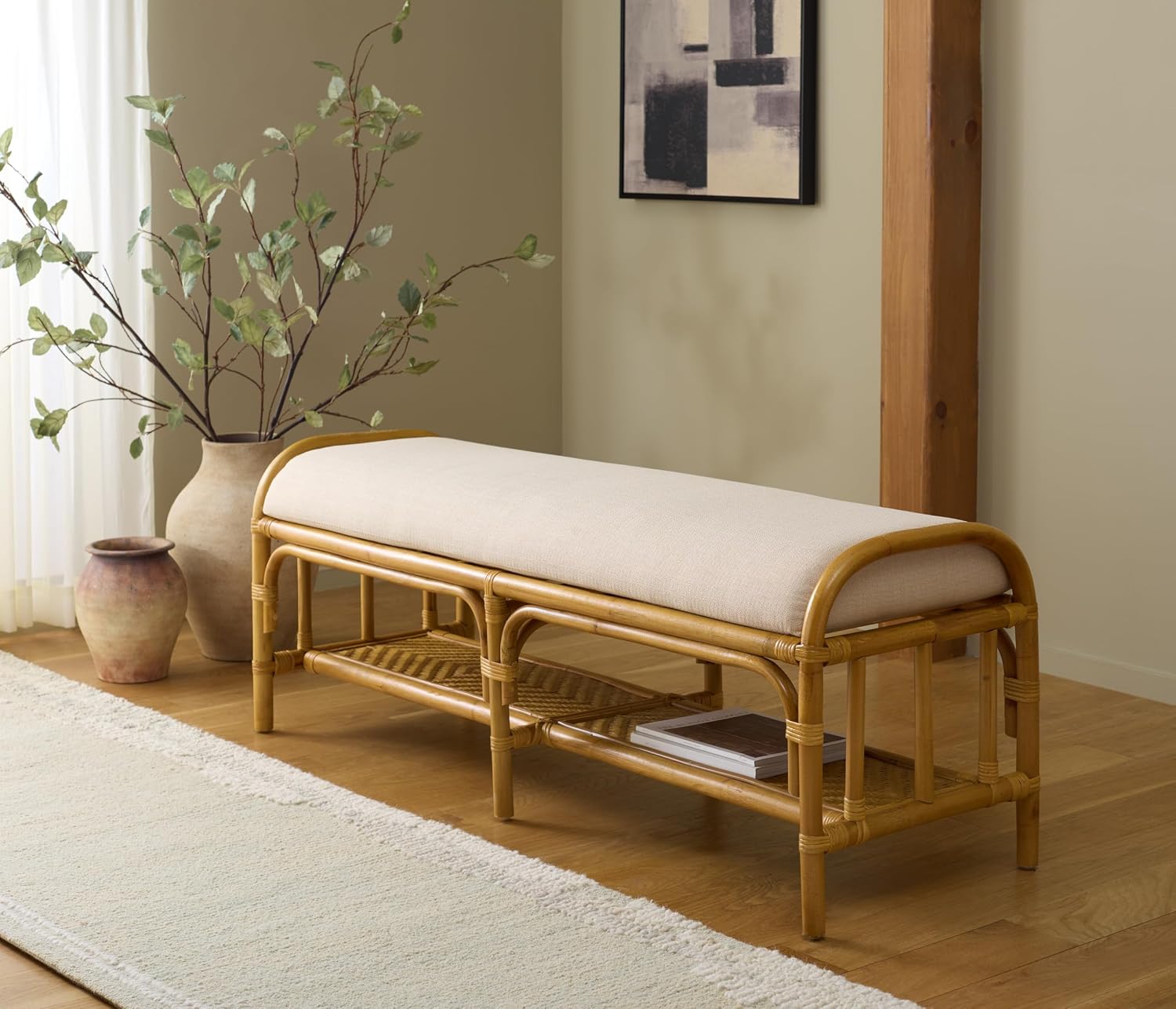SAFAVIEH Couture Collection – Flanders Natural Rattan & White Bench, Cushioned Entryway Bench with Lower Shelf Storage, Coastal Boho Accent Seating, Fully Assembled (CWK2032A)