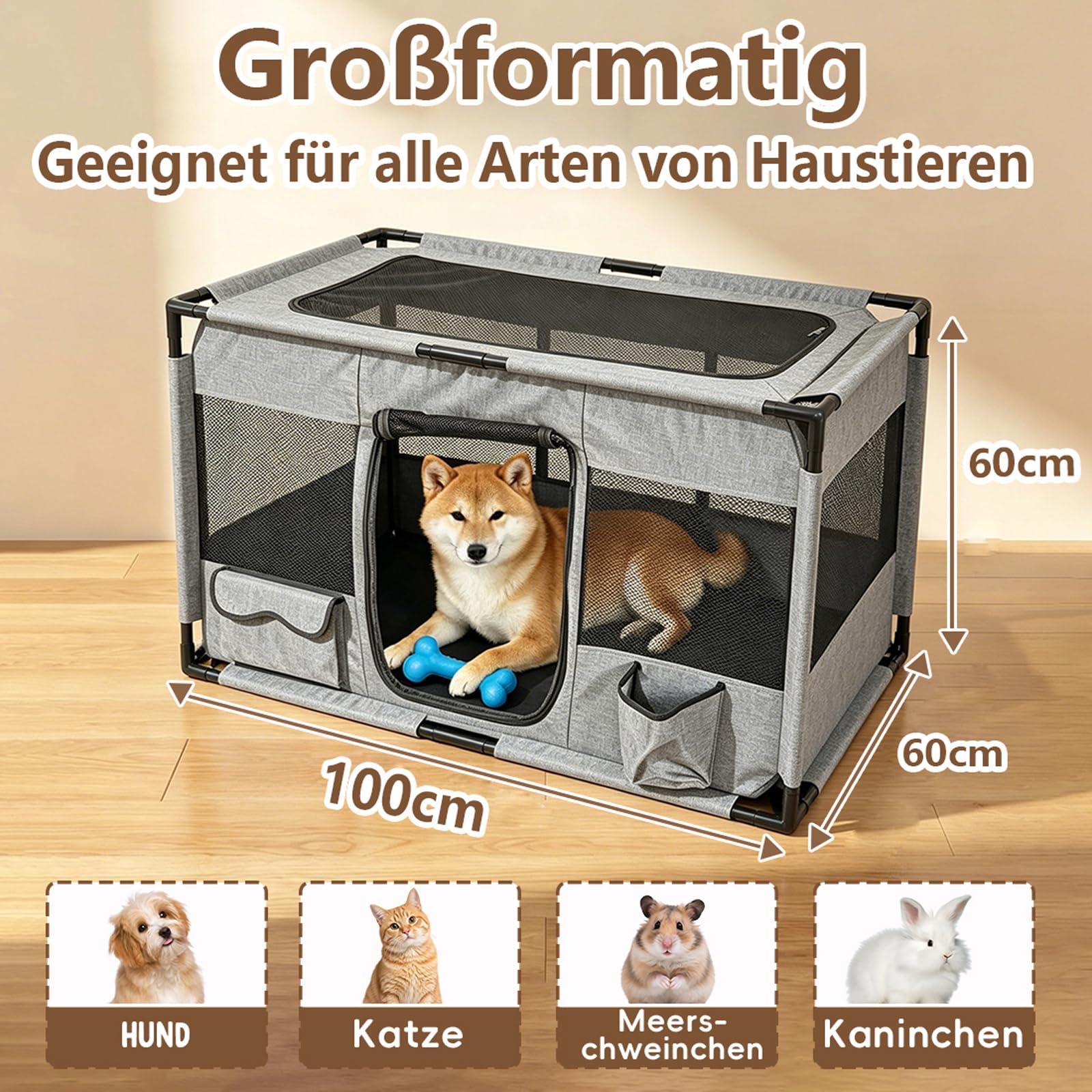 Welpenauslauf Laufstall Hund Welpenlaufstall aus Oxford-Gewebe, Tierauslauf Tierlaufstall PVC-Rohren Hundekäfig Katzengehege Indoor Outdoor für Hunde & Katzen mit atmungsaktives Netz, 100x60x60cm