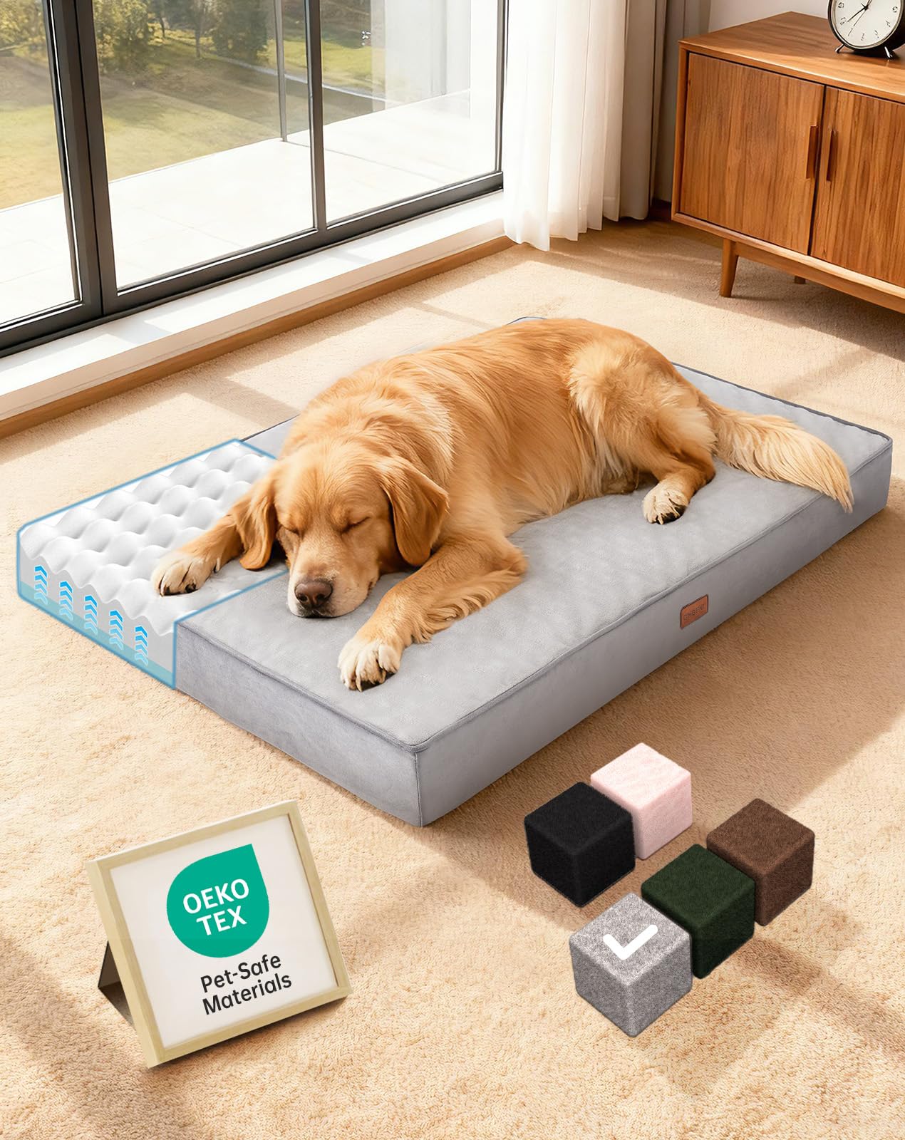OhGeni Memory Foam Orthopedic Waterproof Dog Bed for Large Dogs, Machine-Washable Removable Cover in Easy-Clean Fabric, High Density Foam & Easy-Carry Handle, Suitable for Crate, 41 inch (Gray)