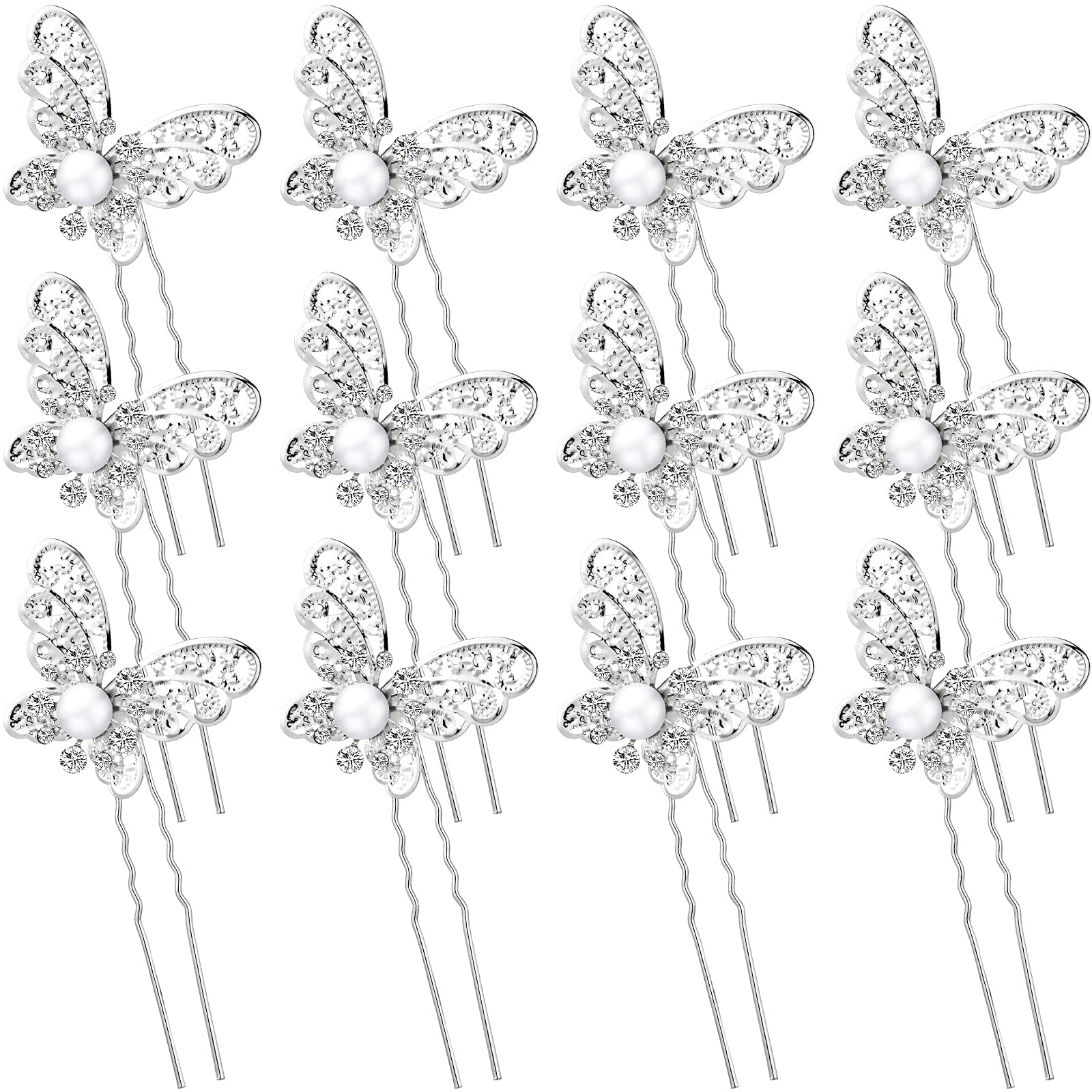 TERRIFI 12 PCS Butterfly Rhinestone Pearl Hair Clips, Pearl Butterfly U Shape Hair Clips, Wedding Bridal Hair Pins, Suitable for Decorative Hair Accessories for Women Girls
