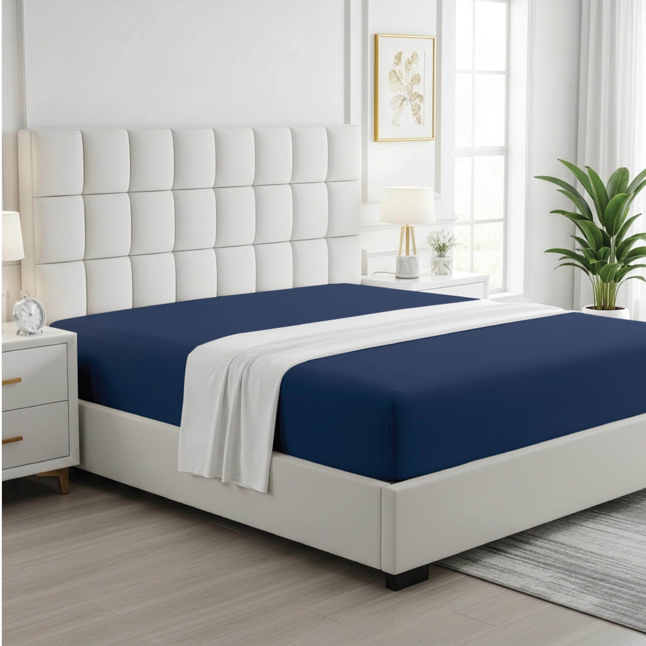 EVDEKOR Egyptian Cotton Bedding Fitted sheet Sets Easy Care Mattress Protector Soft Brushed Extra Deep Pocket 30cm Navy King Size 152x200cm Fade Resistance Home Bedsheets