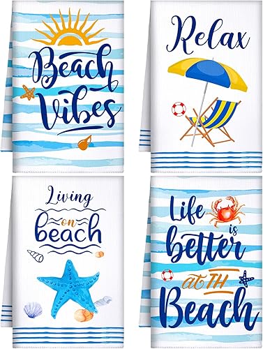 Tegeme 4 toallas de cocina de playa, paños de cocina de secado rápido, absorbentes, para hornear, ropa costera azul, para limpieza diaria del hogar,