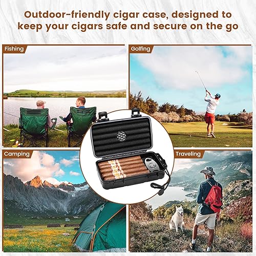Miniatura 5 de Flauno Estuche para humidor de cigarros de viaje, caja de cigarros portátil con disco humidificador y cortador de puros, impermeable, hermética,
