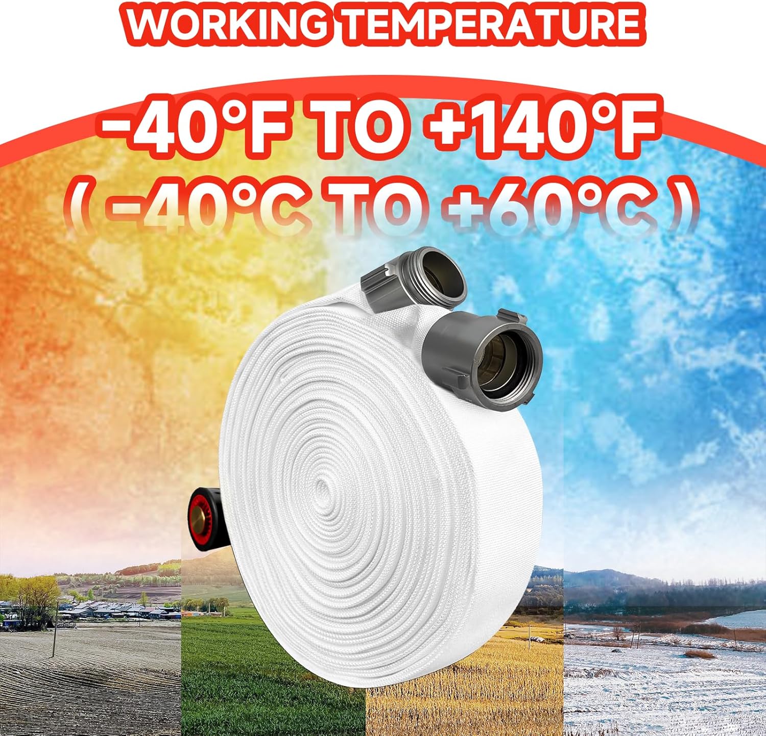 1-1/2" ID x 50 ft Fire Hose, Single Jacket TPU Fire Hose with Lightweight Aluminum Couplings and Nozzle, 250 PSI Working Pressure, 750 PSI Burst Pressure, Durable All-Weather Water Hose (50FT)