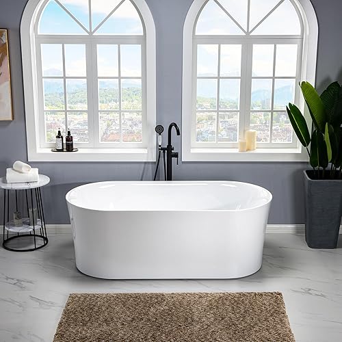Miniatura 7 de WOODBRIDGE Bañera de acrílico independiente de 67 pulgadas con desbordamiento y drenaje cromados, bañera blanca