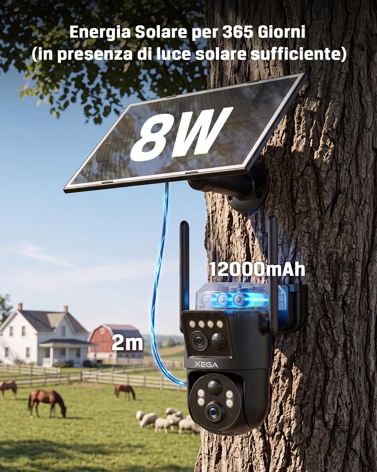 Xega 4G LTE PTZ Telecamera Doppio Obiettivo Solare con Scheda SIM Esterno | Senza WiFi, 8W pannello solare 12000mAh batteria, 1080P, sensore PIR, visione notturna a colori, audio bidirezionale