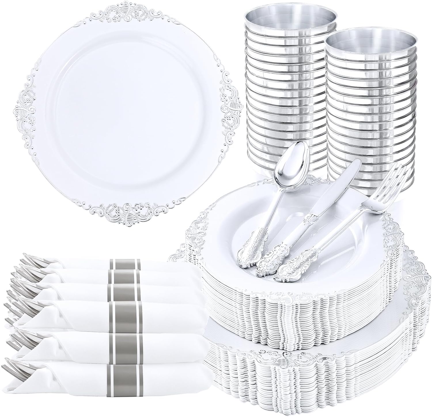 Nervure 350PCS Silver Plastic Plates - Silver Plastic Dinnerware Sets for 50 Guests - 100 Silver Disposable Plates, 150 Silver Plastic Silverware, 50 Cups, 50 Napkins for Wedding & Party