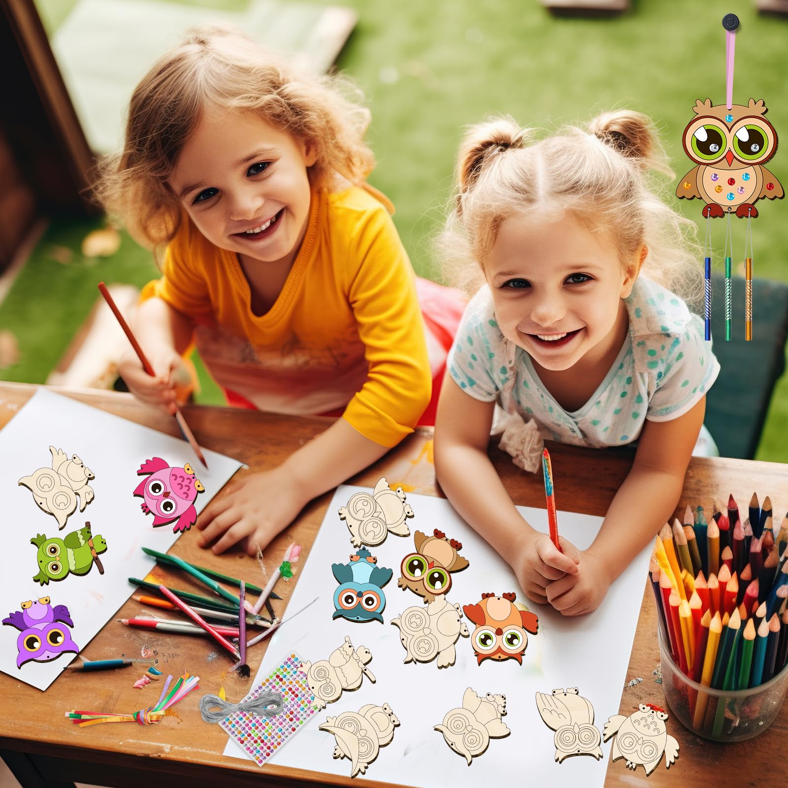 Set di 16 scacciapensieri per bambini, gufo in legno, per San Valentino, fai da te, in legno, per esterni, da appendere con diamanti adesivi, artigianato, regali di compleanno