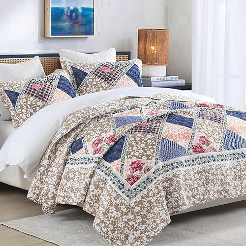 Finlonte Colcha de tamaño King de gran tamaño, 100% algodón, juego de ropa de cama tamaño King, color marrón, azul marino, a cuadros, ligero,
