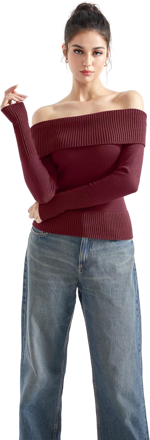 SUUKSESS Women Off Shoulder Sweaters Long Sleeve Ribbed Knit Going Out Fall Tops Blouse - Image 2