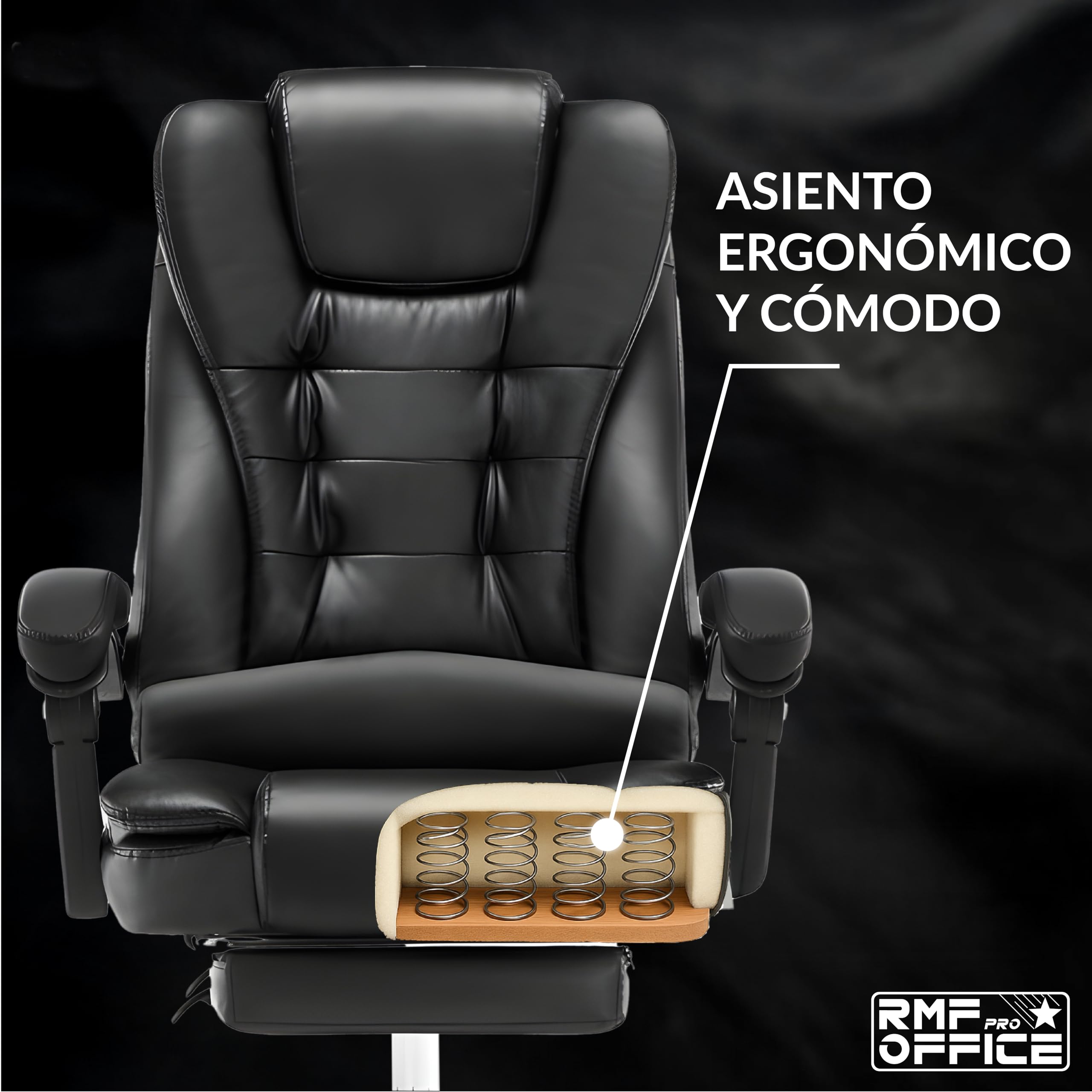 RMF Silla de Oficina Ergonómica Profesional Reclinable, Silla de Escritorio Cómoda y Relajante con Reposapiés - Sillón Relax con Ruedas Giratorias y Altura Ajustable Negro