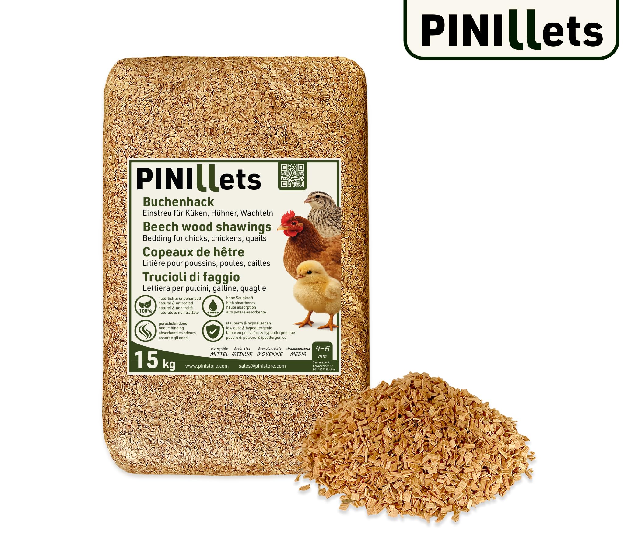 PINI Hack bukowy 15 kg, bezpyłowy, higieniczny ściółka, środek do ściółki, kur, przepiórek, kur, kur, kur, kur, kur, kur, kur, kur