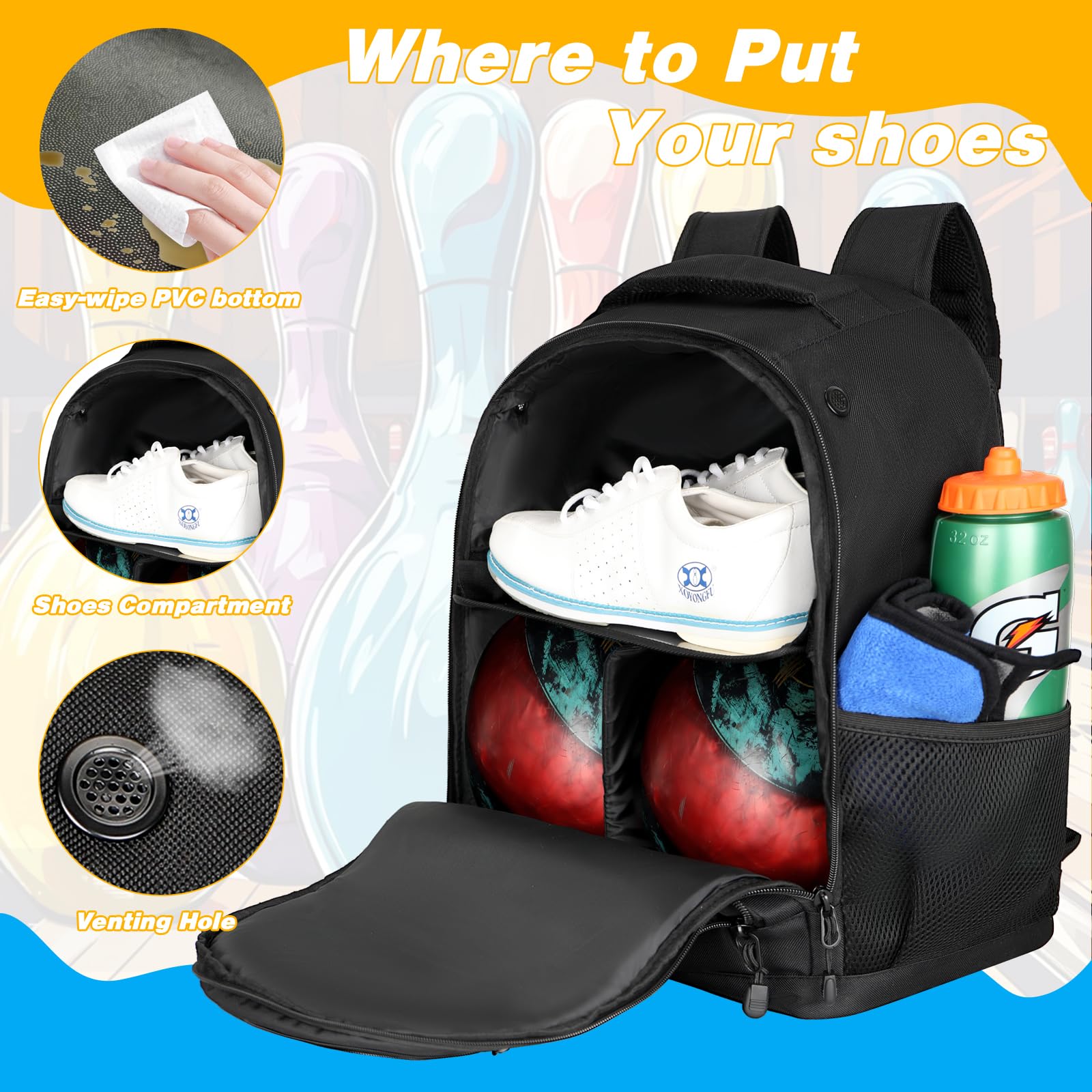 Bowling-Rucksack mit 2 Bällen, Bowlingball-Tasche mit Schuhfach und portektiver Schaumstoffpolsterung, passend für Schuhe bis Größe 44