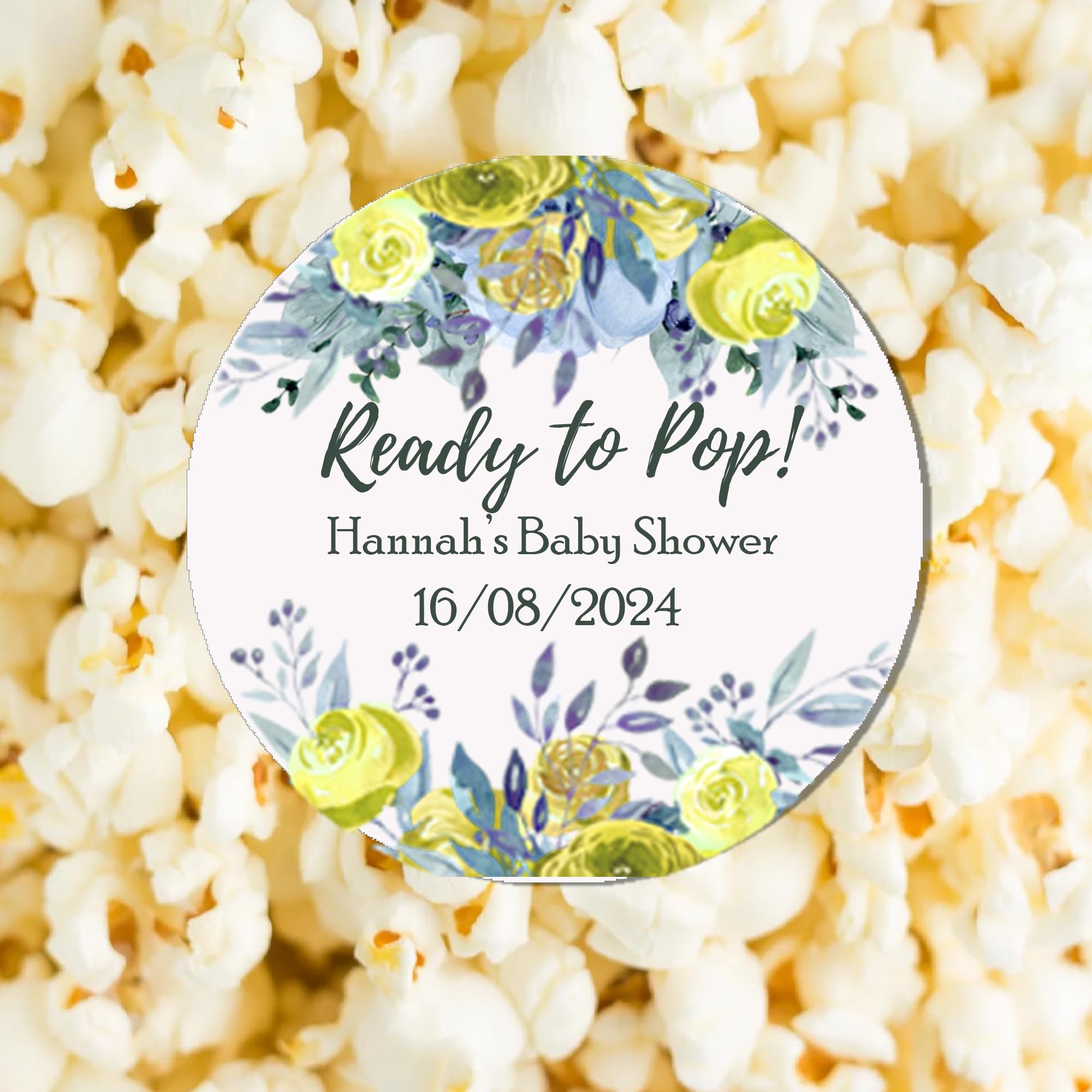 Personalised Baby Shower Stickers Thank You Popcorn Cone Stickers, Favour Bag Stickers, Ready to Pop, New Born, Gender Reveal - Yellow Floral