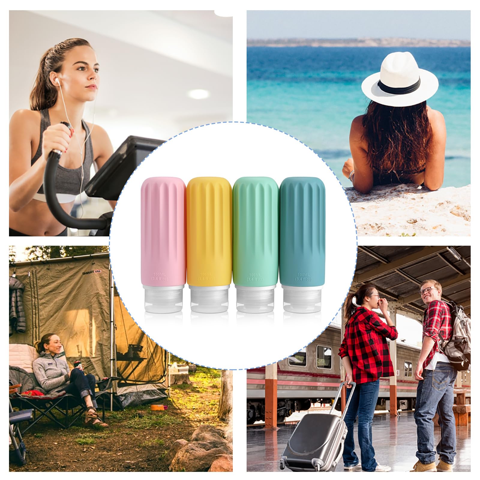 Opret Contenitori da Viaggio DistacEcho, 4 Flaconi 100ml, Kit Liquidi per Viaggio con Bottiglie BPA-Free per Shampoo, Liquidi, Lozione e More