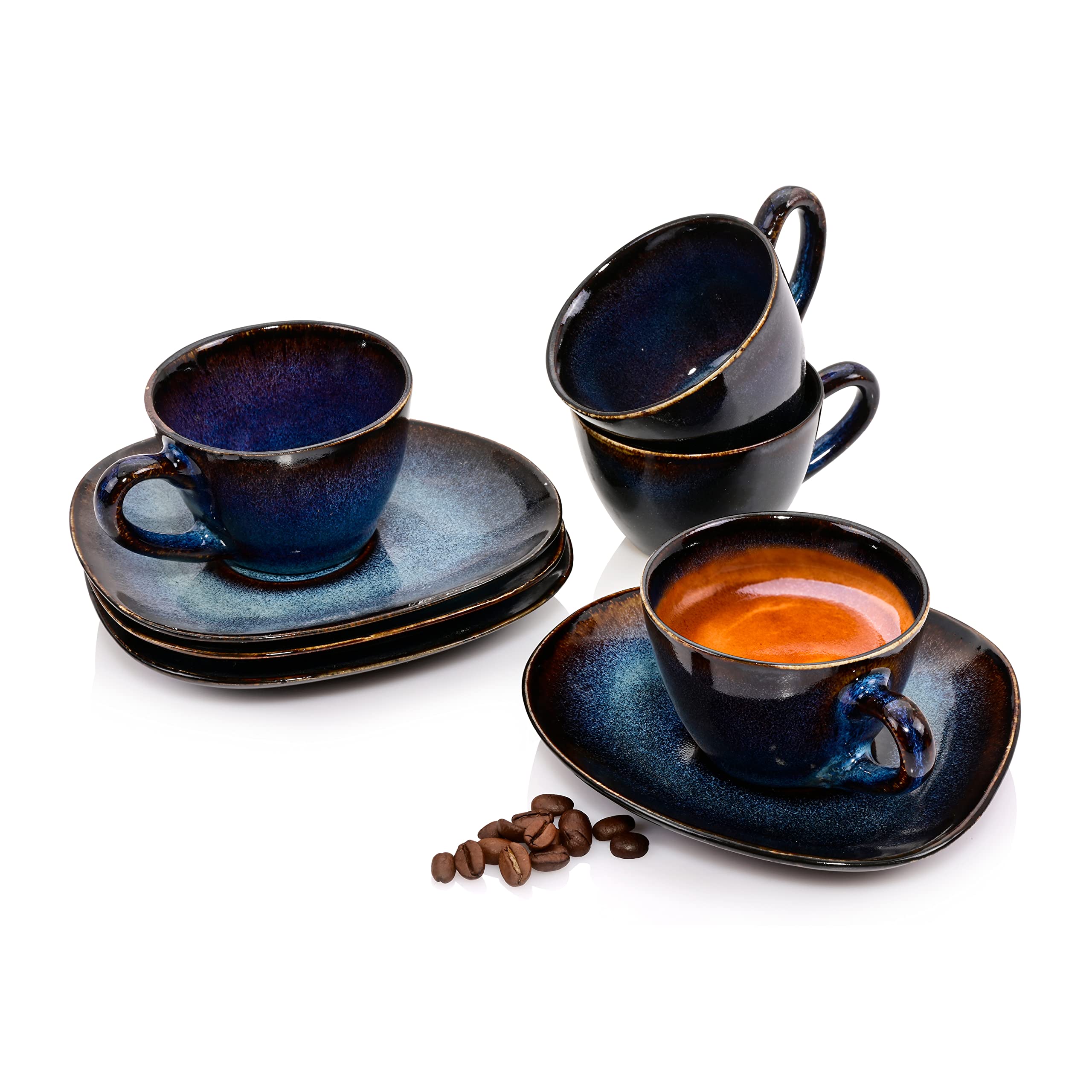 Sänger | Espressotassen Set Tokio 8 tlg, Mokkatassen 4 Personen, Steingut Tasse mit Untertasse, Tassen und Untertassen Spülmaschinenfest Blau-Schwarz mit Braunen Akzenten 80 ml | PREMIUM COLLECTION