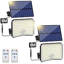 Lampada Solare da Esterno (2 Pacchii) Luce Solare LED Esterno con Sensore di Movimento 200LED 4 Modes Telecomando Faro LED Esterno con Pannello Solare, Luci da Esterno Giardino Solari con 5M Cavo