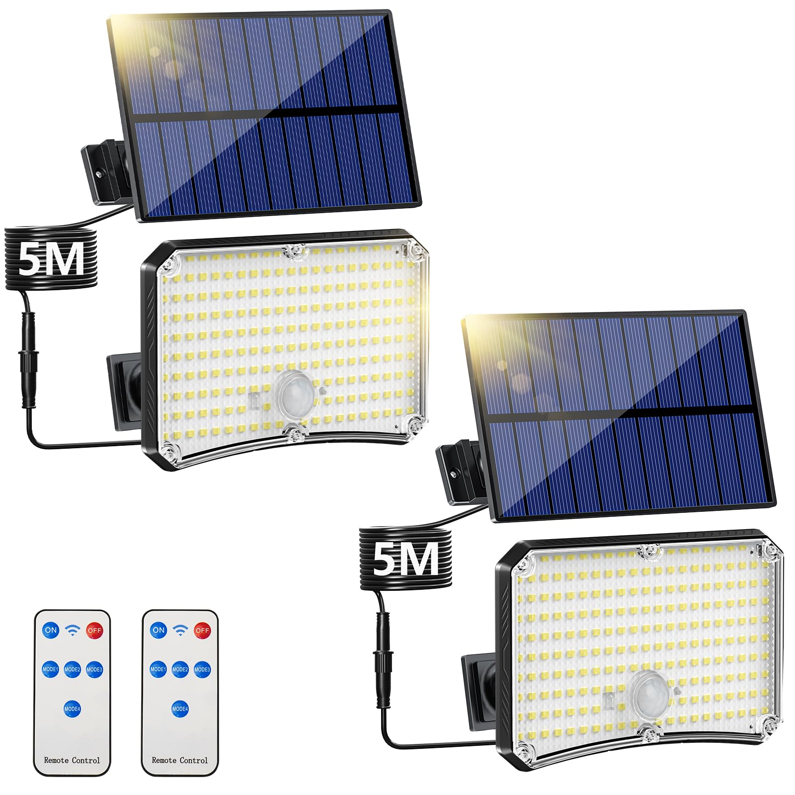Lampada Solare da Esterno [2 Pacchii] Luce Solare LED Esterno con Sensore di Movimento 200LED 4 Modes Telecomando Faro LED Esterno con Pannello Solare, Luci da Esterno Giardino Solari con 5M Cavo