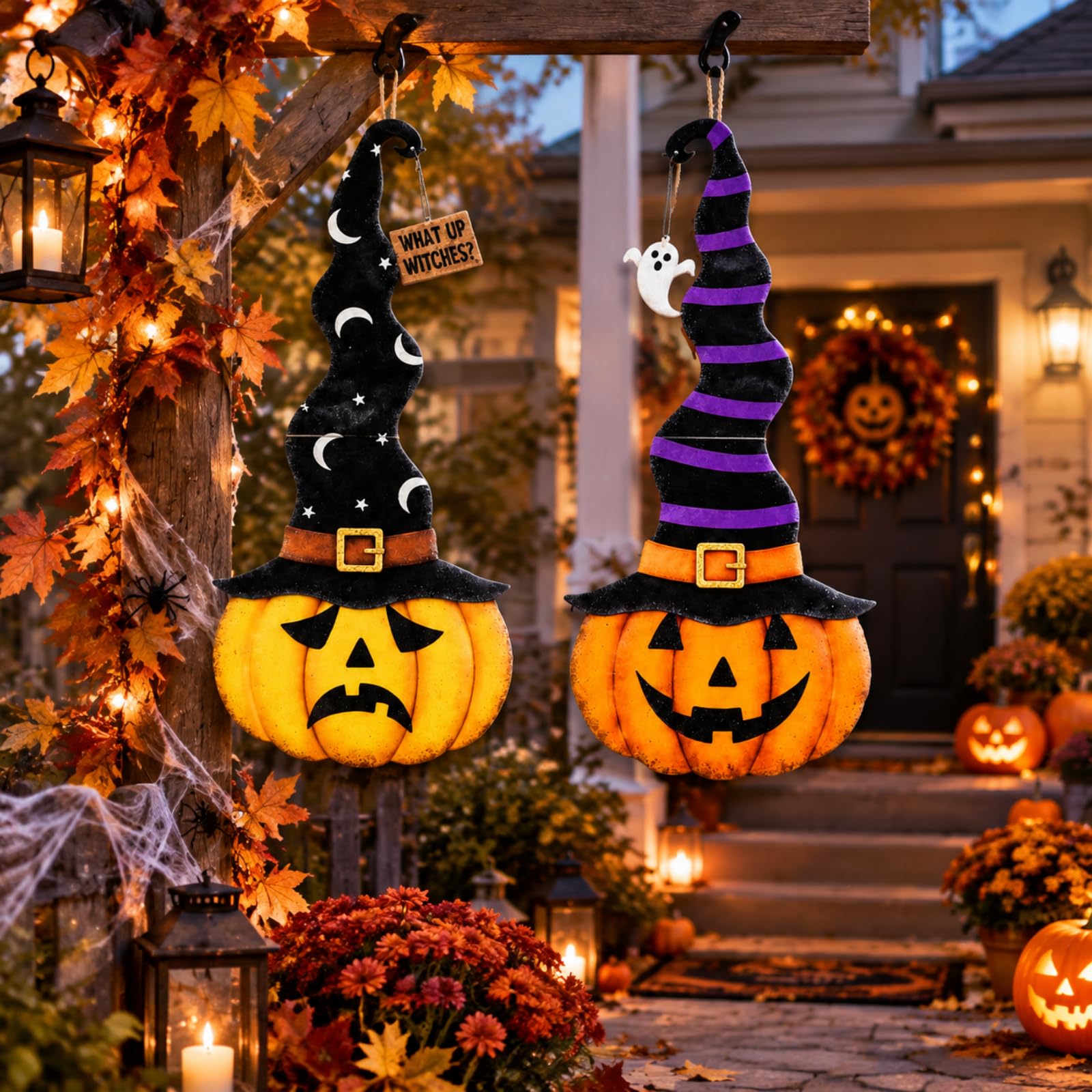 RattanView 2 Pack Halloween Pumpkin Front Porch Entry Hanging Decoration