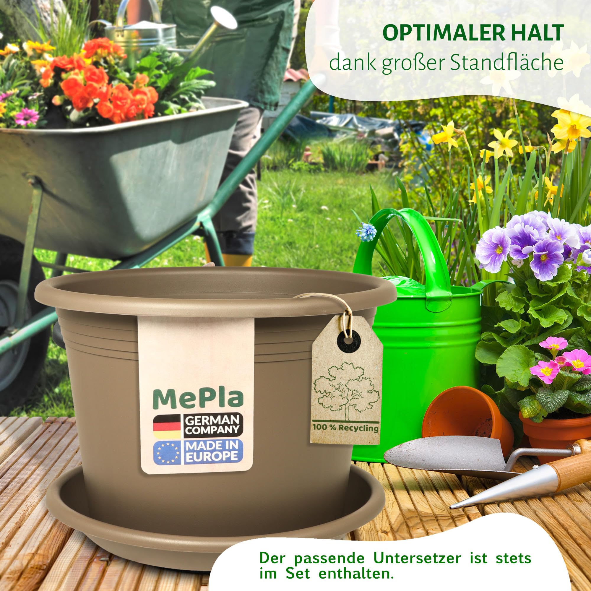 MePla Lot de 3 pots de fleurs Cylindro de 60 cm de diamètre + soucoupe de 58 cm de diamètre, taupe, résistant aux intempéries, en plastique résistant aux UV