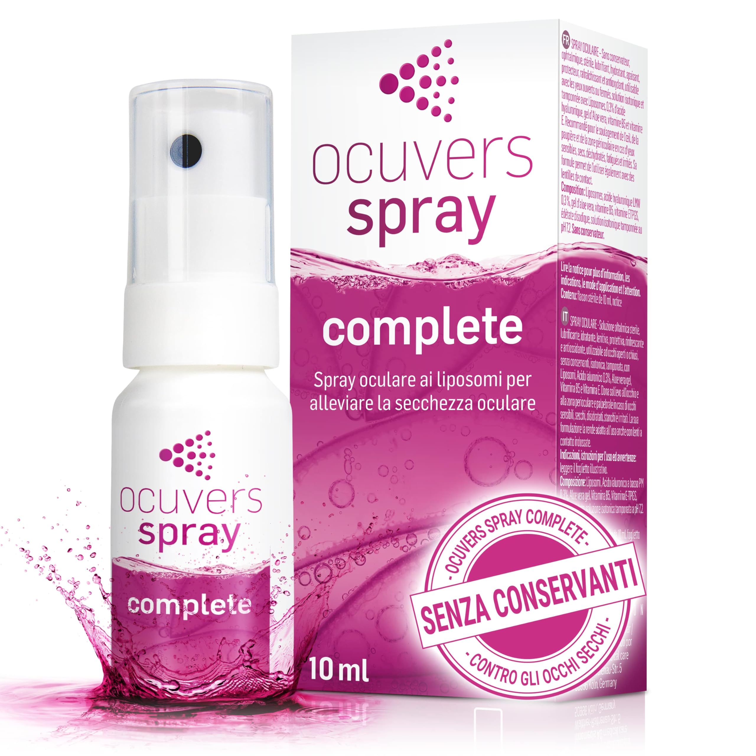 Ocuvers Complete spray oculare con 0,3% di acido ialuronico, liposomi, aloe vera, vitamina B5 e vitamina E – Spray per occhi secchi – L’alternativa alle gocce oculari, 10 ml