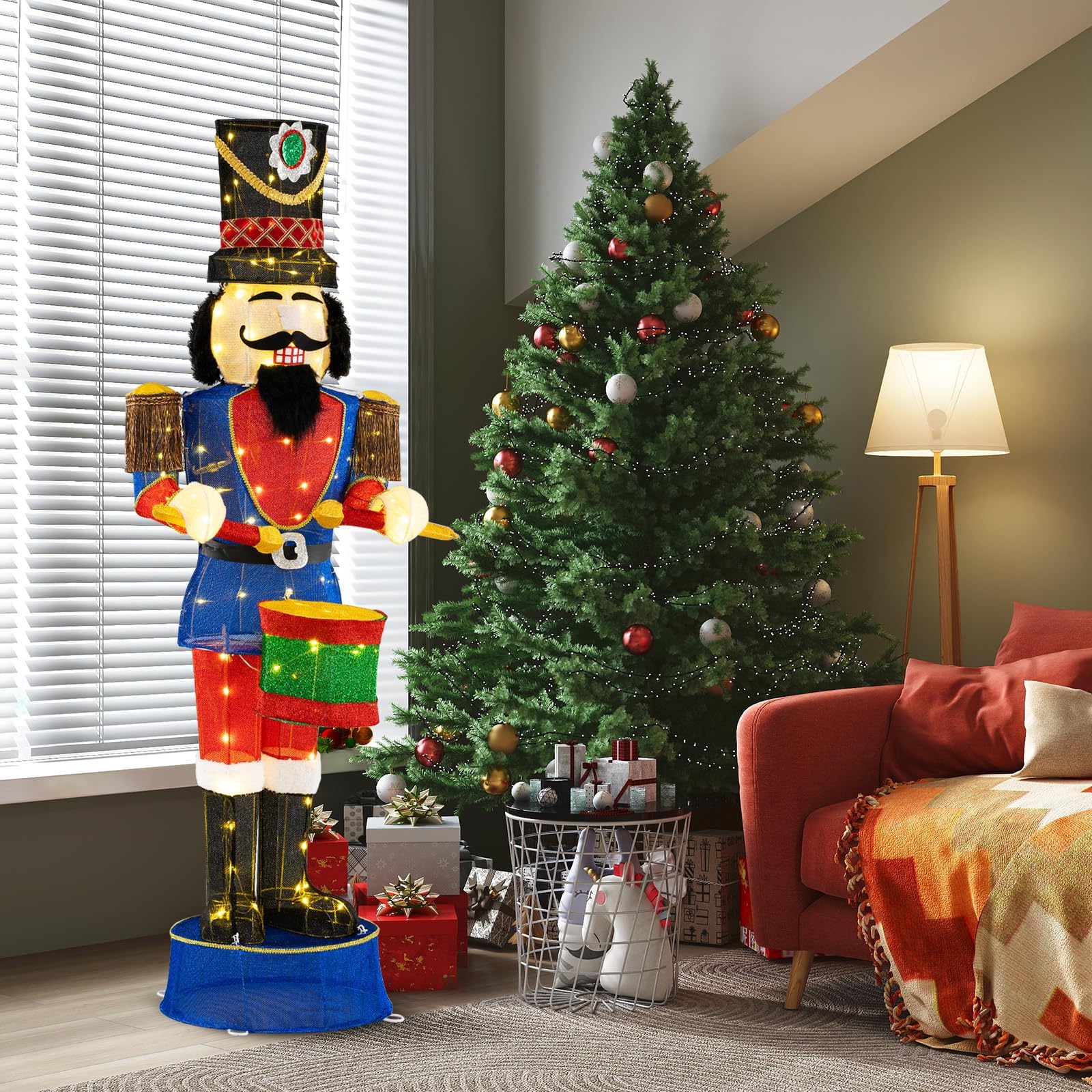COSTWAY Weihnachten Nussknacker Figur groß, 185 cm beleuchtete Weihnachtsdeko XXL, Weihnachtsfigur mit Trommel & 100 LED-Lichtern, Weihnachtsdekoration, Weihnachtsbeleuchtung für außen und innen