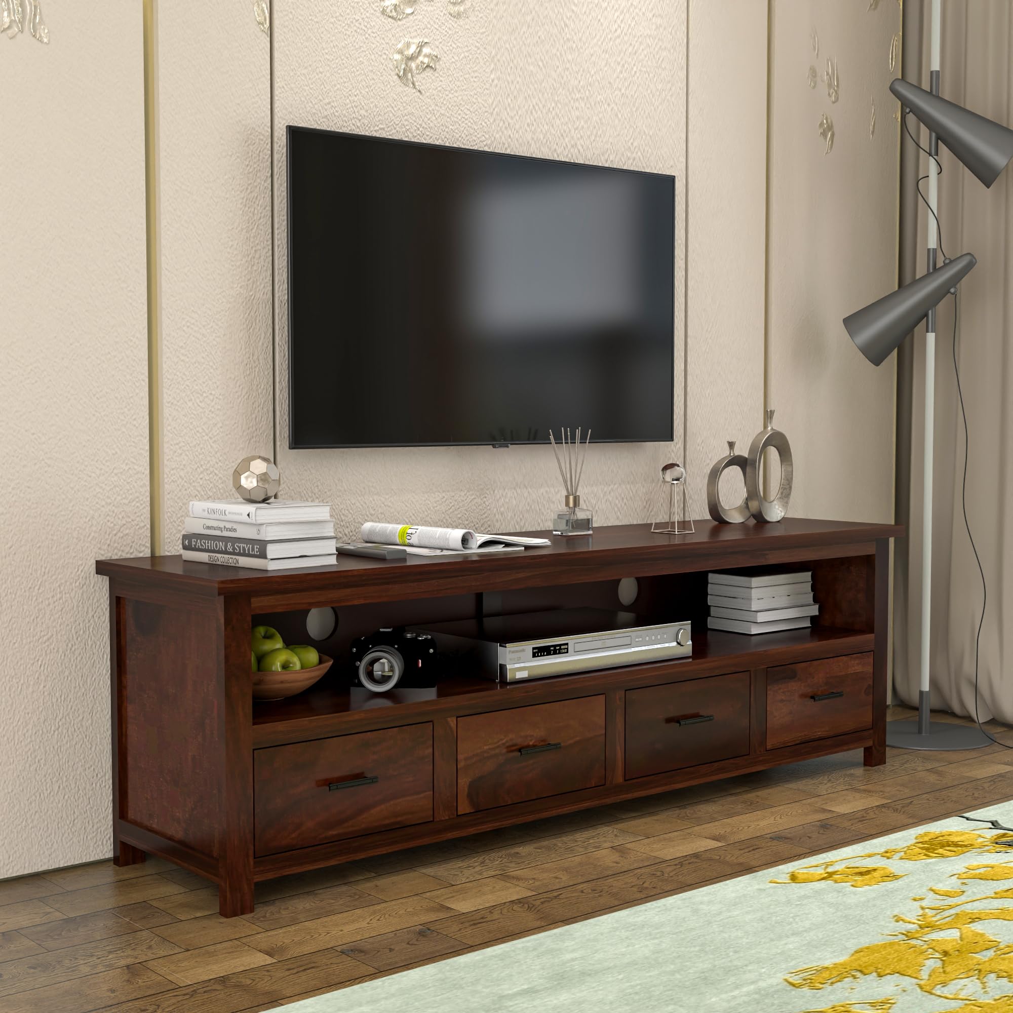 Sheesham Solid Wood Meter Dolly 4 Draw TV Unit Cabinet Entertainment Stand for Bedroom/for Living Room (Dark Brown)-image-31
