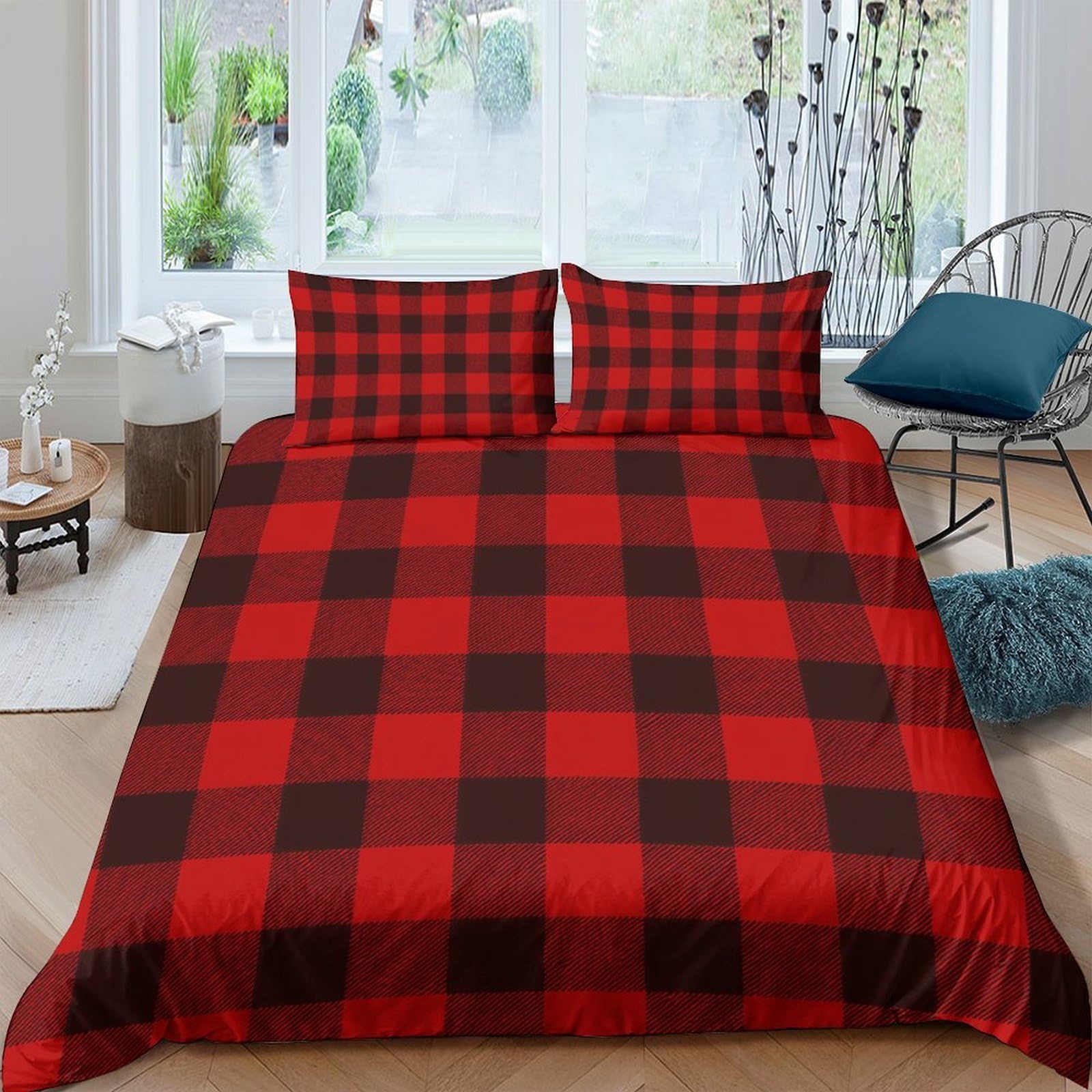 TUFRTGYHN 3D Printed Red Black Plaid Duvet Cover Microfiber Soft Breathable Check Bedding Set with 2 Pillowcases for Bedroom Home Single（135x200cm）