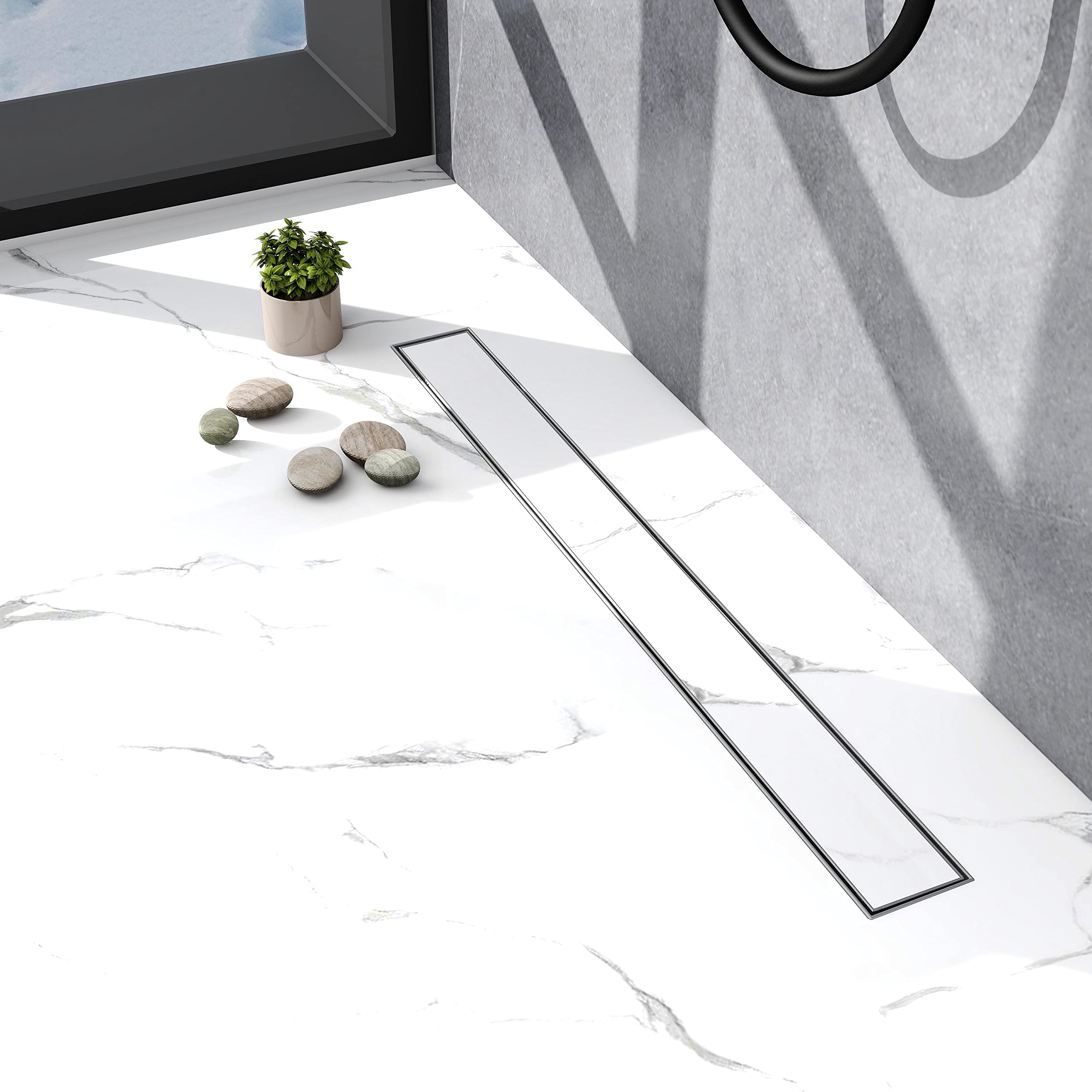 Canalina Doccia Biubiubath In Acciaio Inox 80 Cm Con Sifone Antiodore E Filtro Capelli, Scarico Pavimento Completo Di Staffe E Cerchi