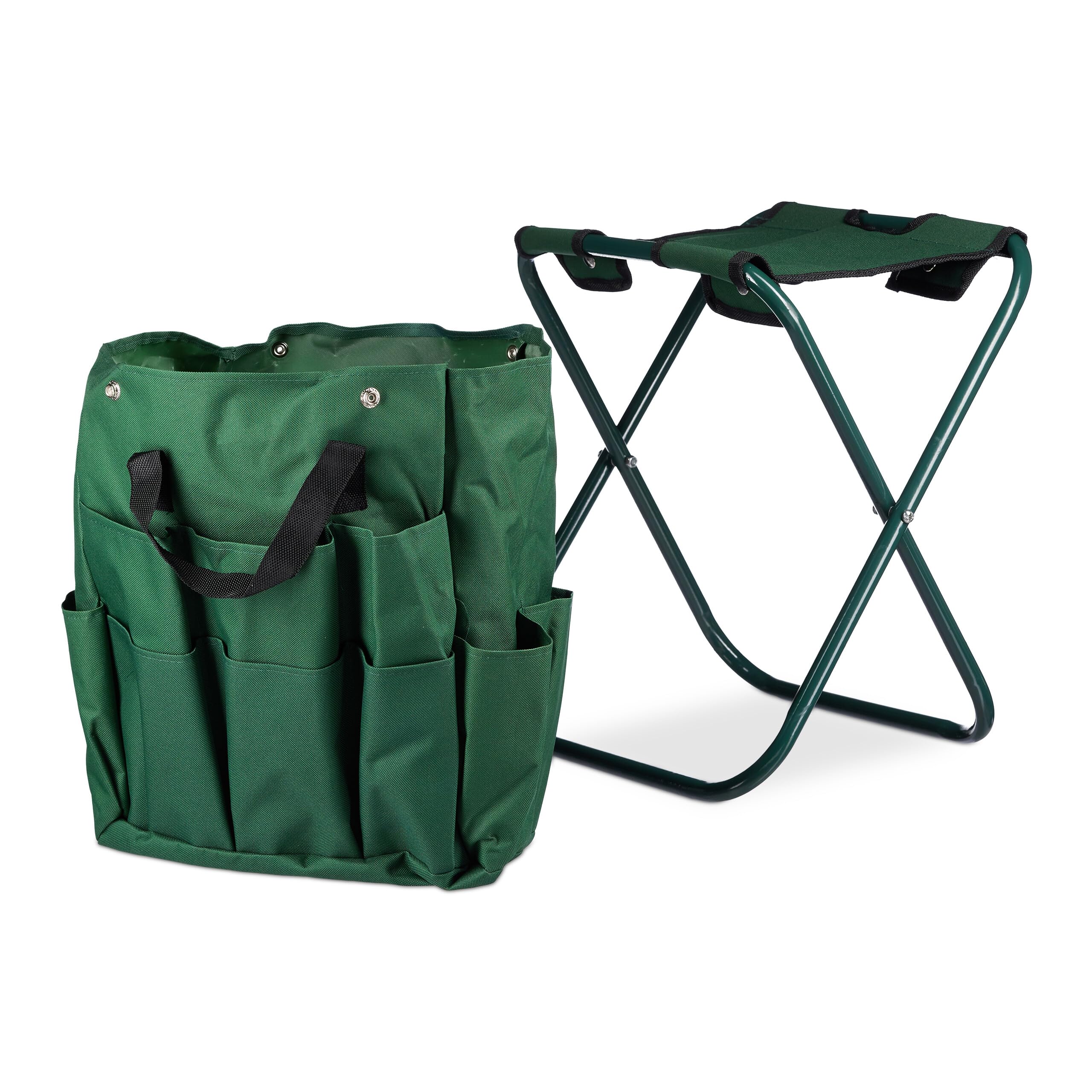 Relaxdays 10020714 Tabouret porte-outils de jardinage 16 poches et compartiment intérieur pliable HxlxP: 42 x 30 x 39 cm, vert