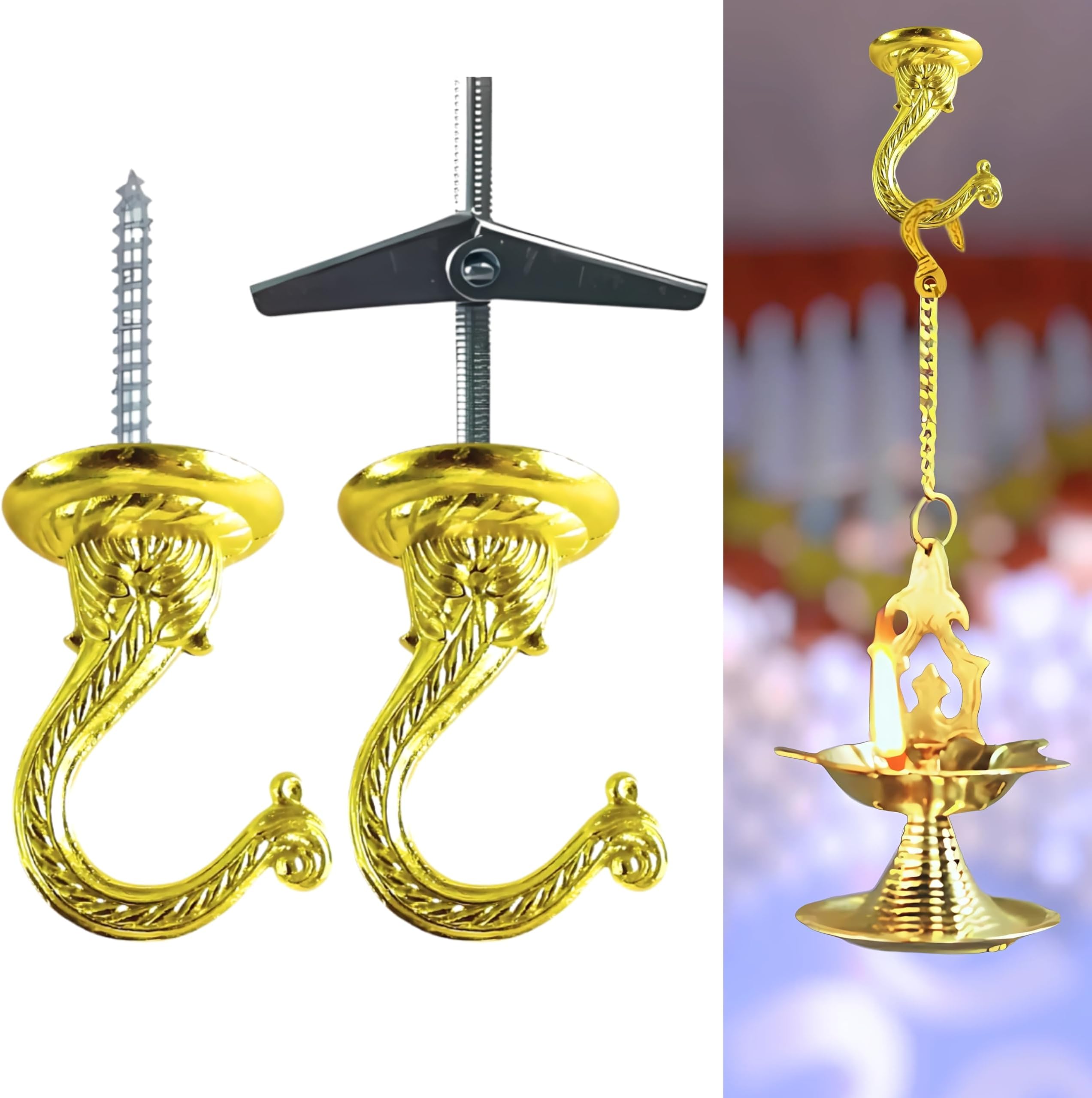 Indian Discovery® Antique Decorative Swag Ceiling Hooks for Hanging Plants, Metal Wall/Ceiling Brackets for Hanging Planters, Lanterns, Windchimes, Bird Feeders, Hang Pots (Royal Brass: Set of 2)