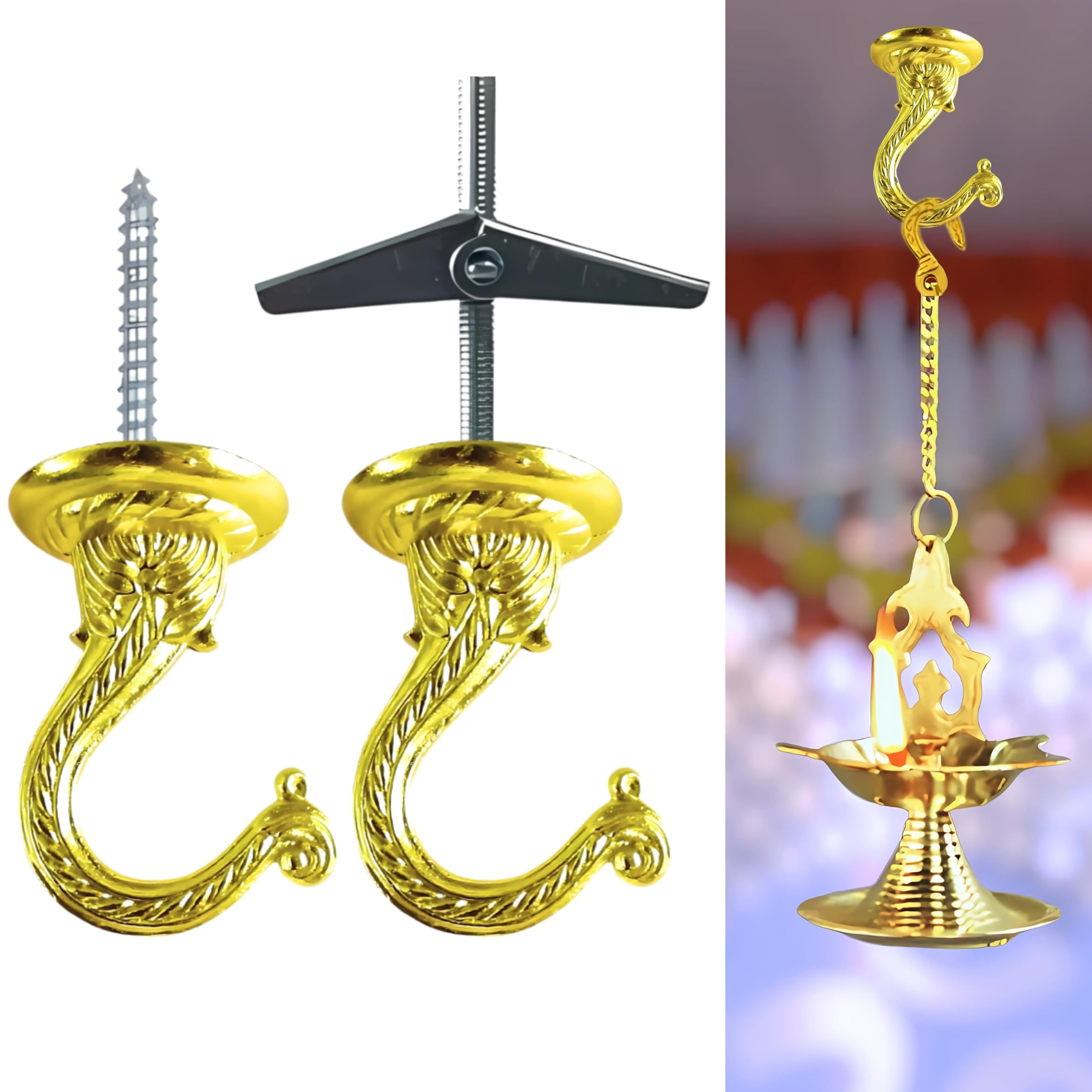 Indian Discovery® Antique Decorative Swag Ceiling Hooks for Hanging Plants, Metal Wall/Ceiling Brackets for Hanging Planters, Lanterns, Windchimes, Bird Feeders, Hang Pots (Royal Brass: Set of 8)