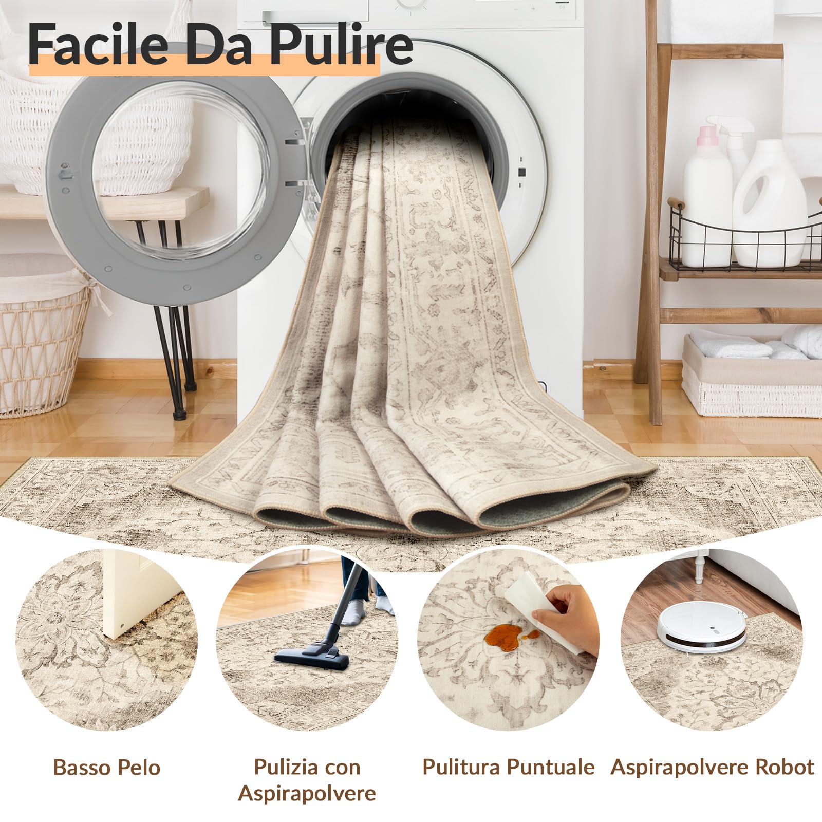INOVADAY Vintage Tappeto 180x270 cm Tappeti Beige Chiaro | Tappeto Salotto, Tappeto Camera da letto, Lavabile in Lavatrice, Sala da pranzo, Cucina, Morbida, Slavata, Stampato, OEKO