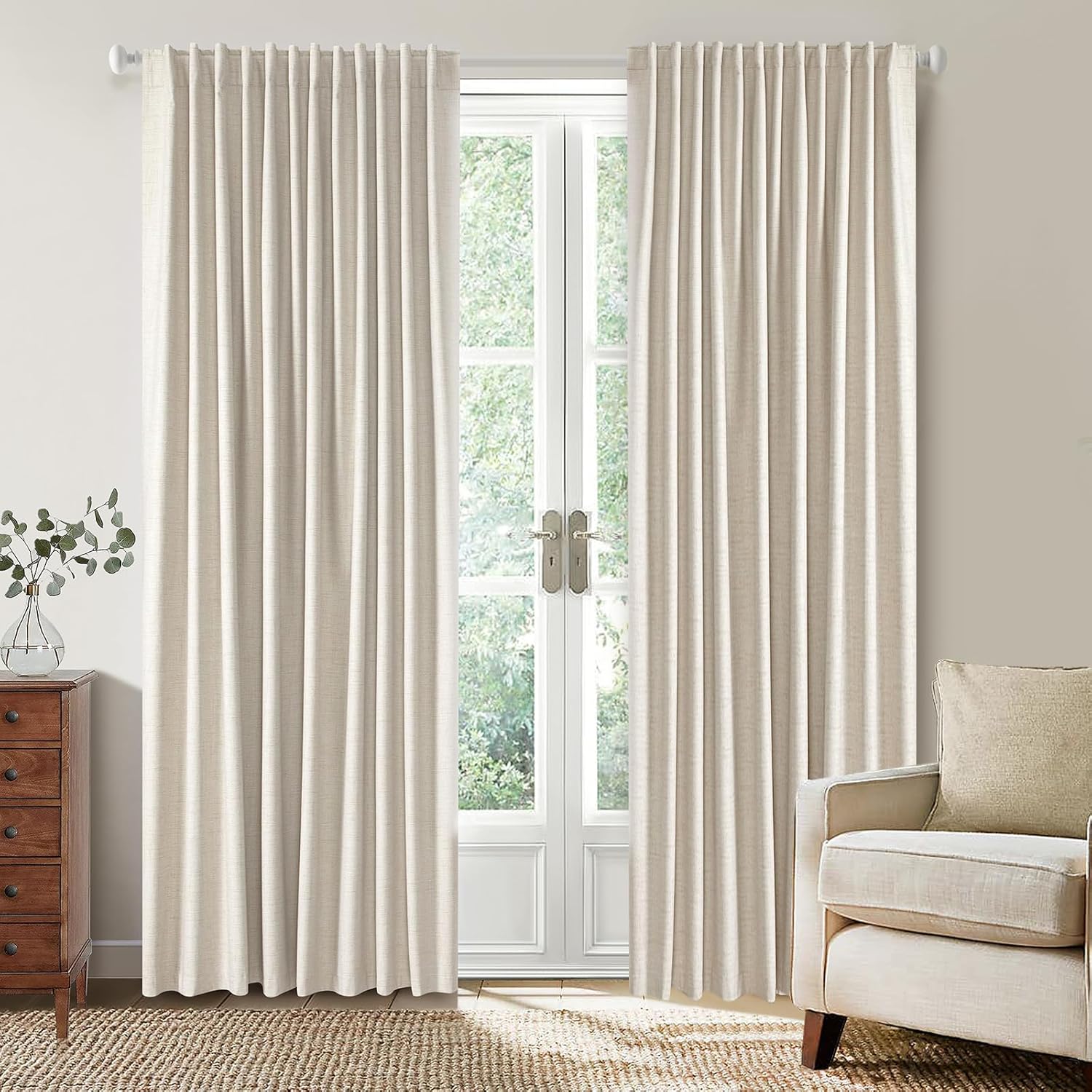 100% Blackout Curtains 84 Inch Length 2 Panel Set, Heavy Duty Flax Linen Curtains for Living Room, Thermal Insulated Drapes for Bedroom, W52 x L84 Inch-Natural 52"W x 84"L (Pack of 2) Natural--3 in 1