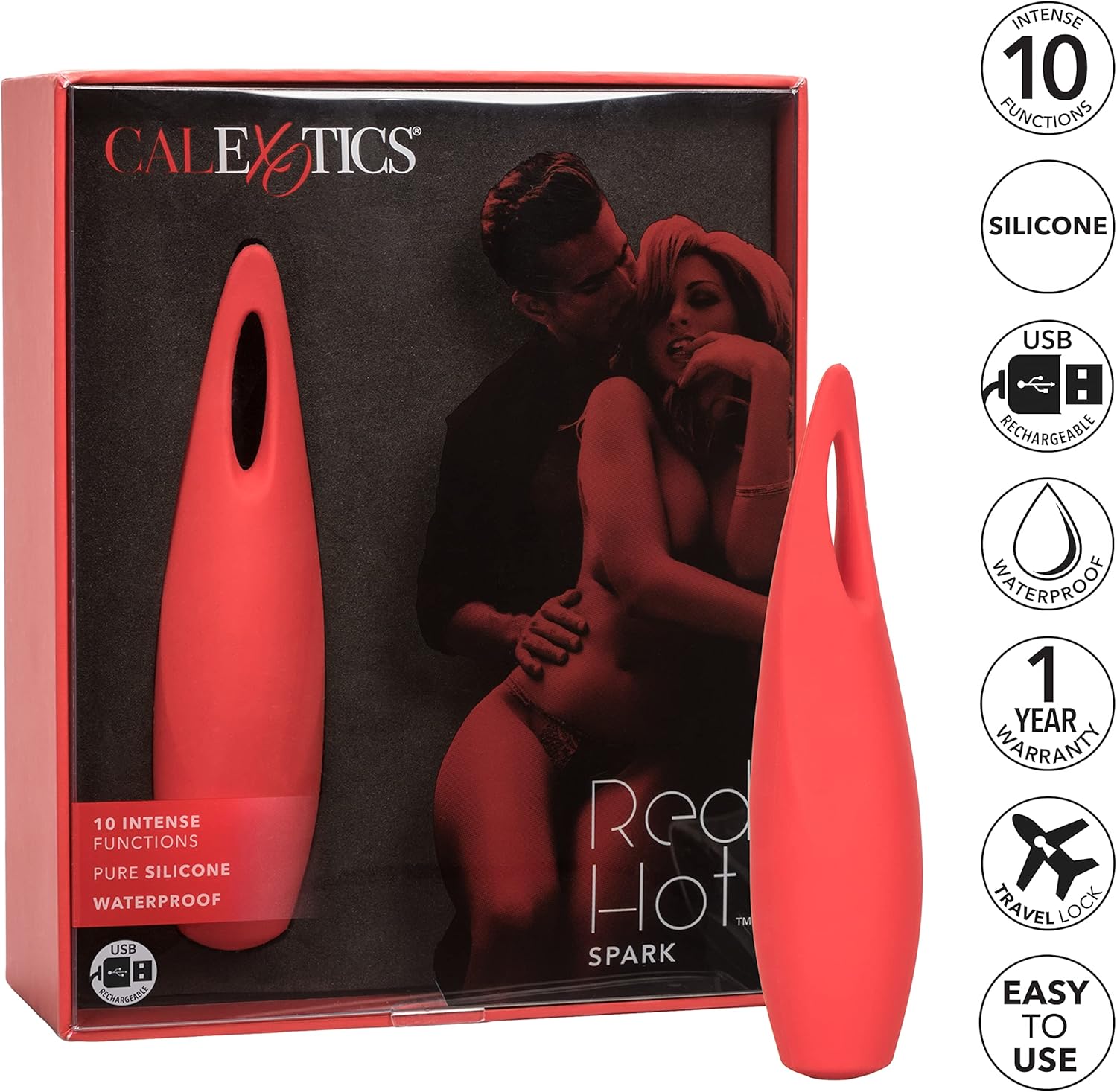 CalExotics Red Hot Spark - 10-Function Waterproof Vibrator – Rechargeable Silicone Compact Vibe – Adult Sex Massager for Couples - Red