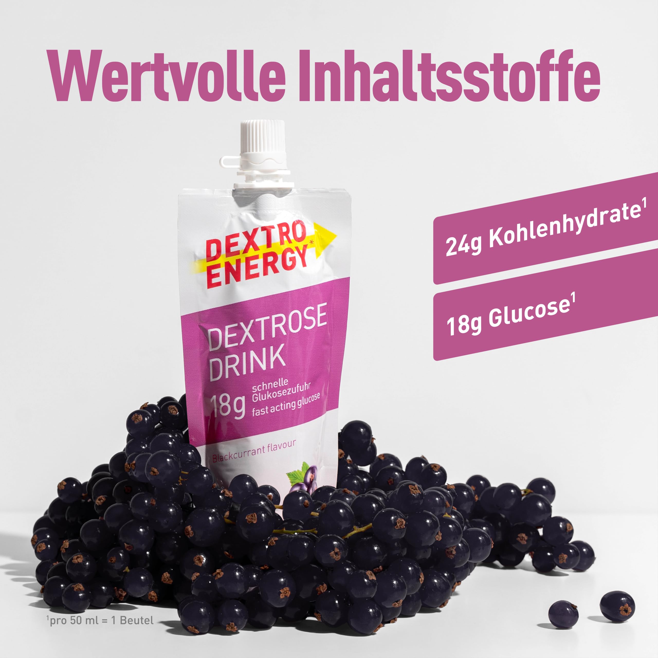 Dextro Energy Dextrose Drink Blackcurrant Flavour - 16x50ml (16er Pack) - Flüssiger Traubenzucker, 18g Glukosezufuhr, 24g Kohlenhydrate, ohne Fruktose, für Unterwegs, Sport & Alltag