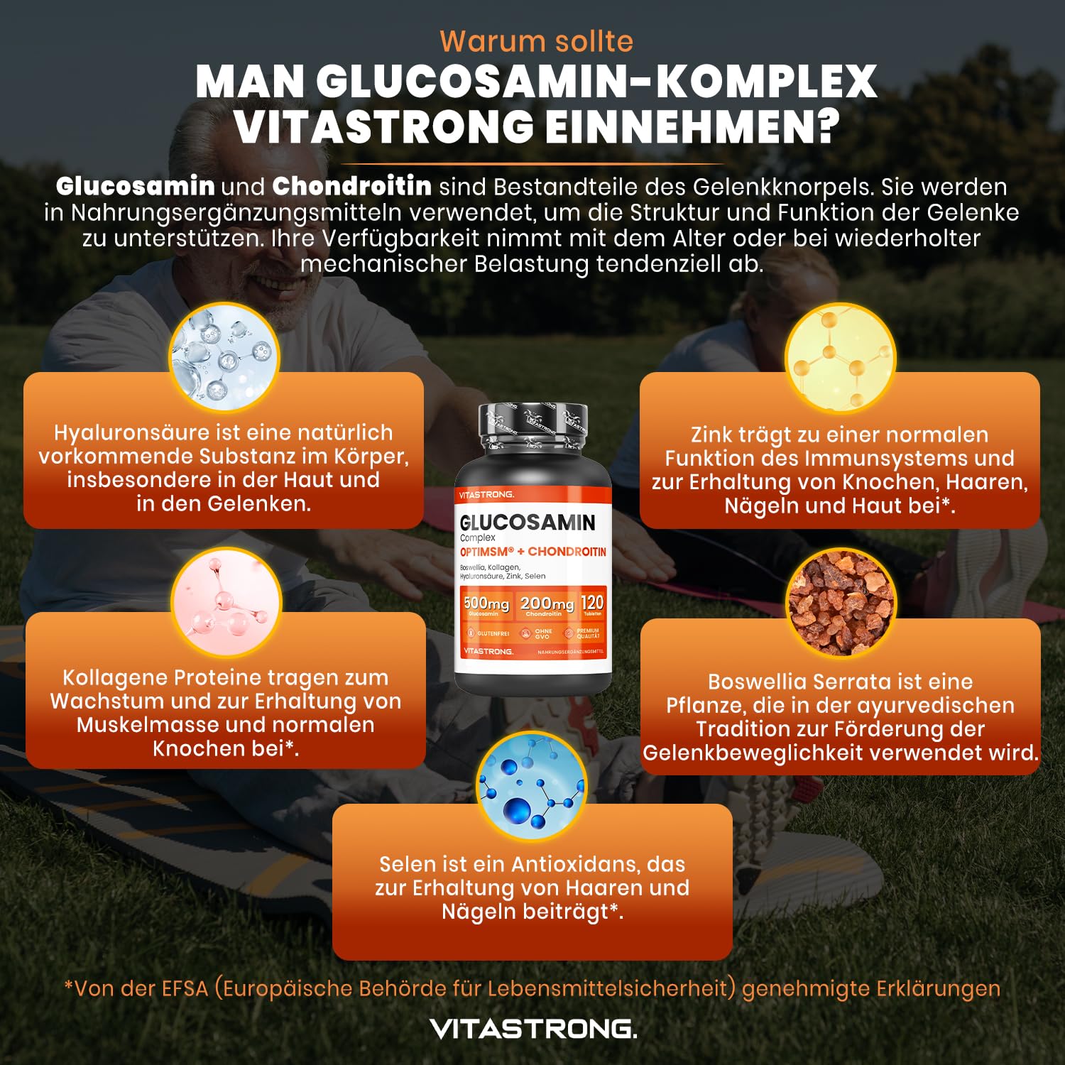 Vitastrong Glucosamin Chondroitin MSM Komplex mit Kollagen, Hyaluronsäure, Zink, Selen, Mangan & Boswellia, 120 Tabletten, Premium Gelenk, Knochen- & Knorpel-Formel, Glutenfrei & Ohne Gentechnik