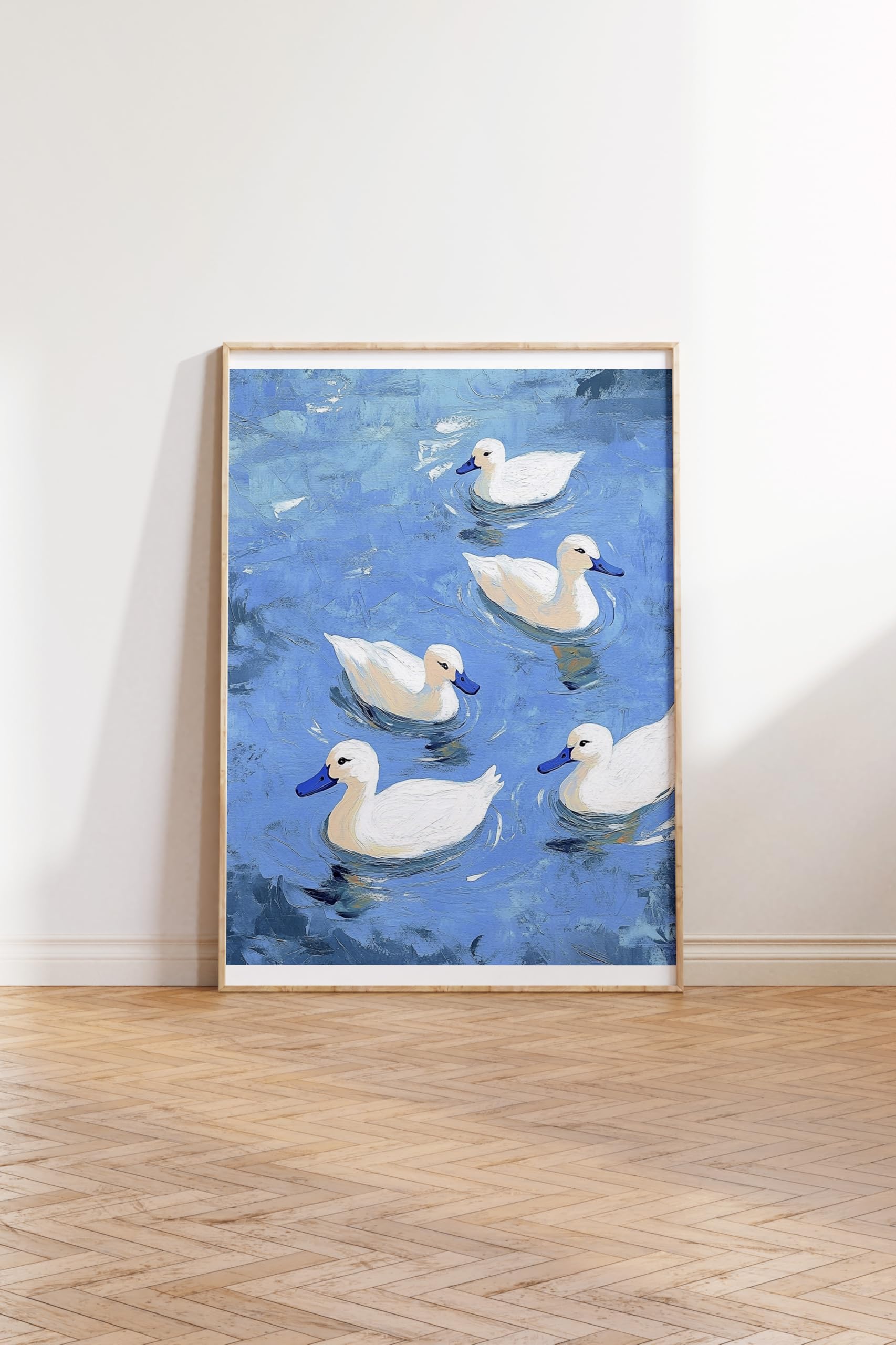 Zestia Ahşap Çerçeveli Tablo, Beyaz Ördekler, Mavi Sular, Pastoral Stil Poster No: 107339 50 x 70