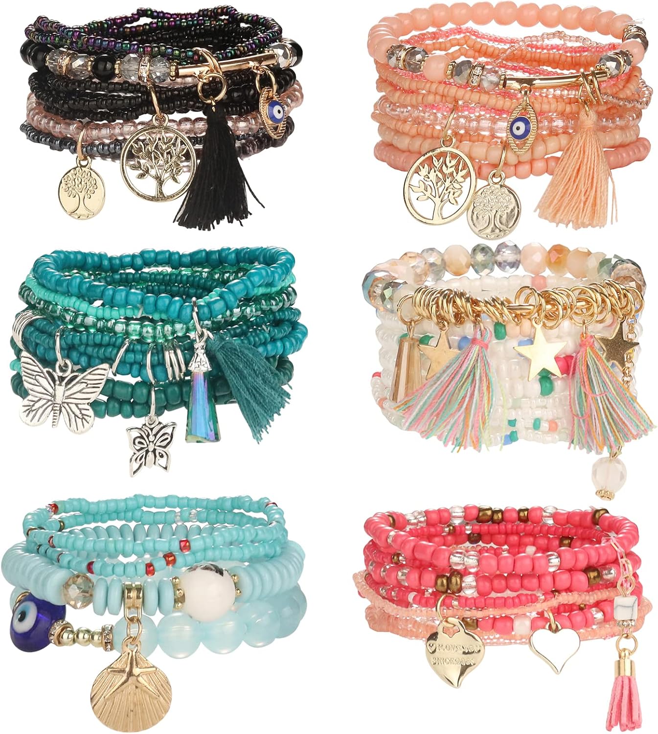 Kakonia Bohemio apilable Pulseras de Cuentas para Las Mujeres Multicapa Colorido Cuentas Pulseras Hechas a Mano Boho Pulseras Pack con Encanto