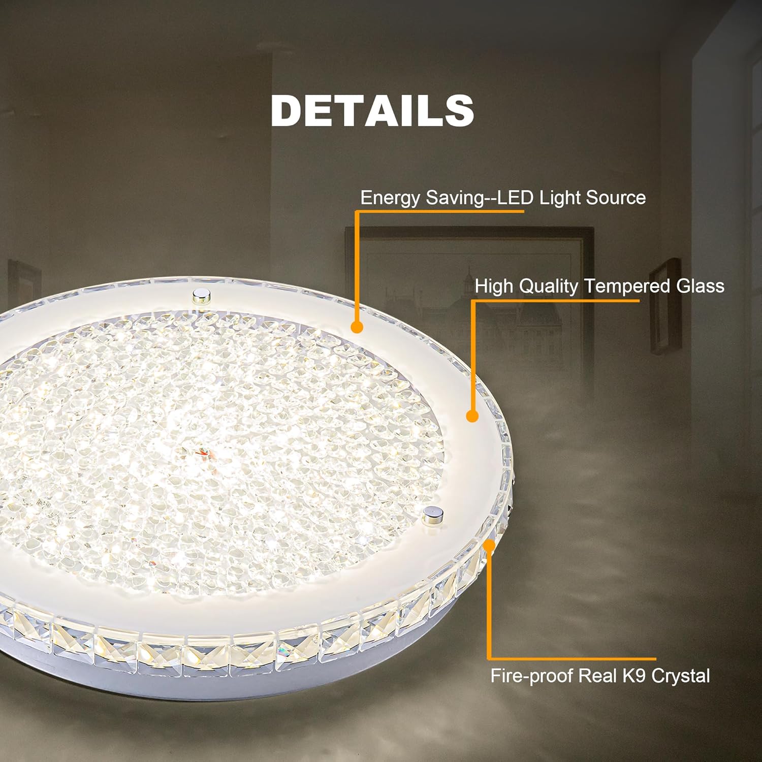 Crystal Ceiling Light Fixture LED Crystal Flush Mount Ceiling Light Dimmable LED Flush Mount Chandelier Light for Hallway, Bathroom, Laundry, Dining Room, Round, 4000K, 24W, 2640LM, 14"