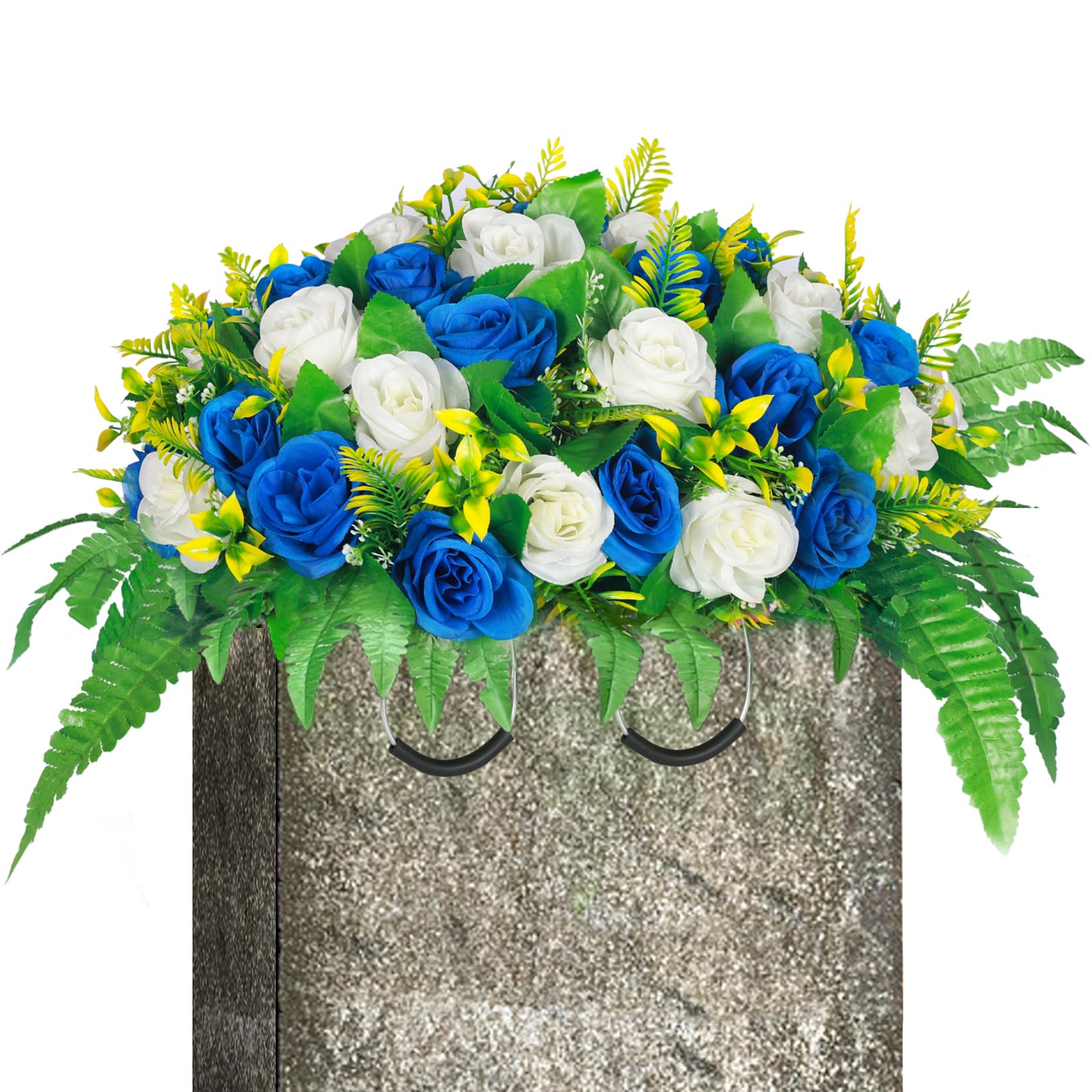 Lodou Artificial Cemetery Flowers, Silk Flower Arrangement,Artificial Rose Bouquet Grave Memorial Flowers with Headstone Saddle for Graveyard Headstones Decoration (1, Blue and Whi image 4
